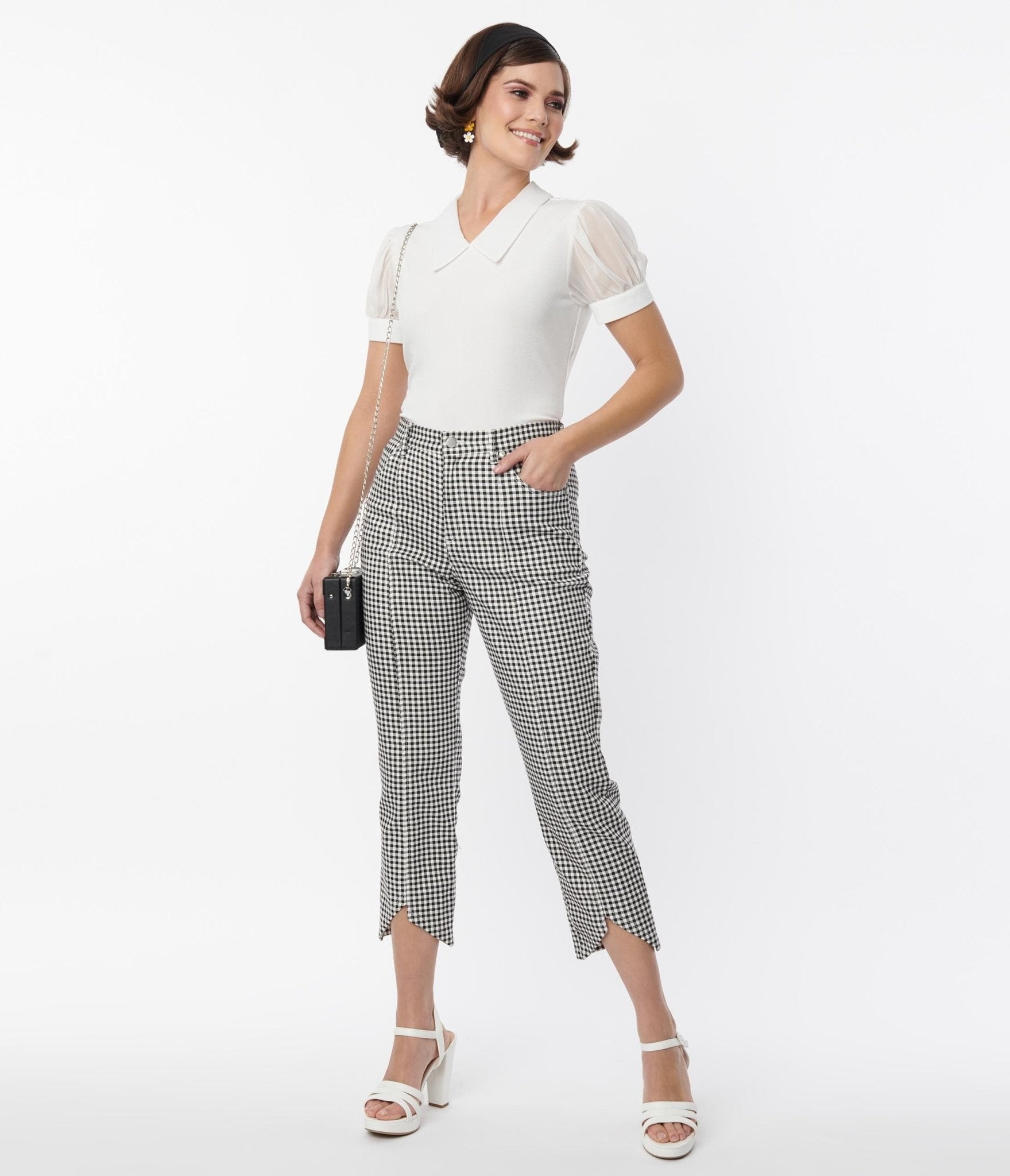 Smak Parlour Black & White Gingham High Rise Capri Pants - Women's Stretch Cotton Casual Summer Cropped Pants for Beach, Vacation & Everyday Wear