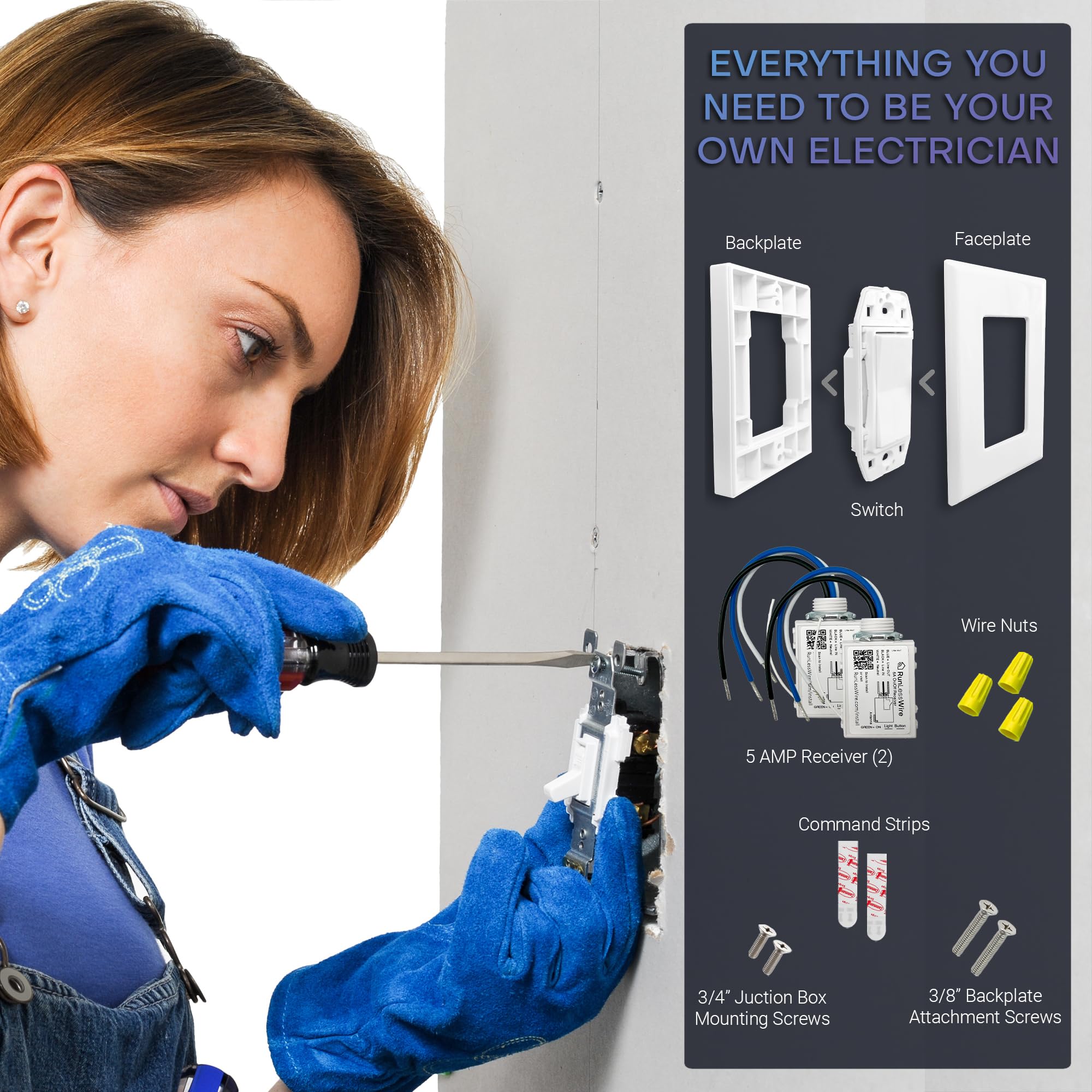RunLessWire 2 Fixture Remote Light Switch Kit - Wireless, Battery-Free, Self-Powered Kinetic DIY Wall Switch - 150ft RF Range - Includes 2 On/Off Receivers & 1 Switch - Light Almond - Perfect for Bedrooms, Living Rooms & Home Automation
