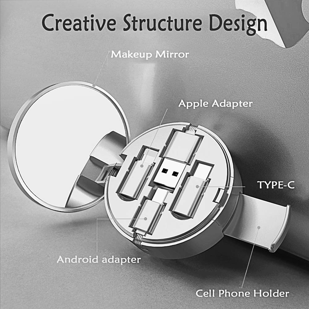 Premium Micro USB Charging Cable & Multi-Function Phone Stand - 3-in-1 Portable Makeup Mirror & Universal Phone Holder for iPhone, Samsung, Android - Perfect for Home, Office & Travel (White)