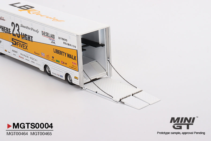MINIGT 1:64 Scale Mercedes Benz Actros with 40 Ft Container LBWK Racing Transporter - Diecast Model Truck for Collectors & Racing Enthusiasts - Perfect for Display, Gifts & Diorama Scenes