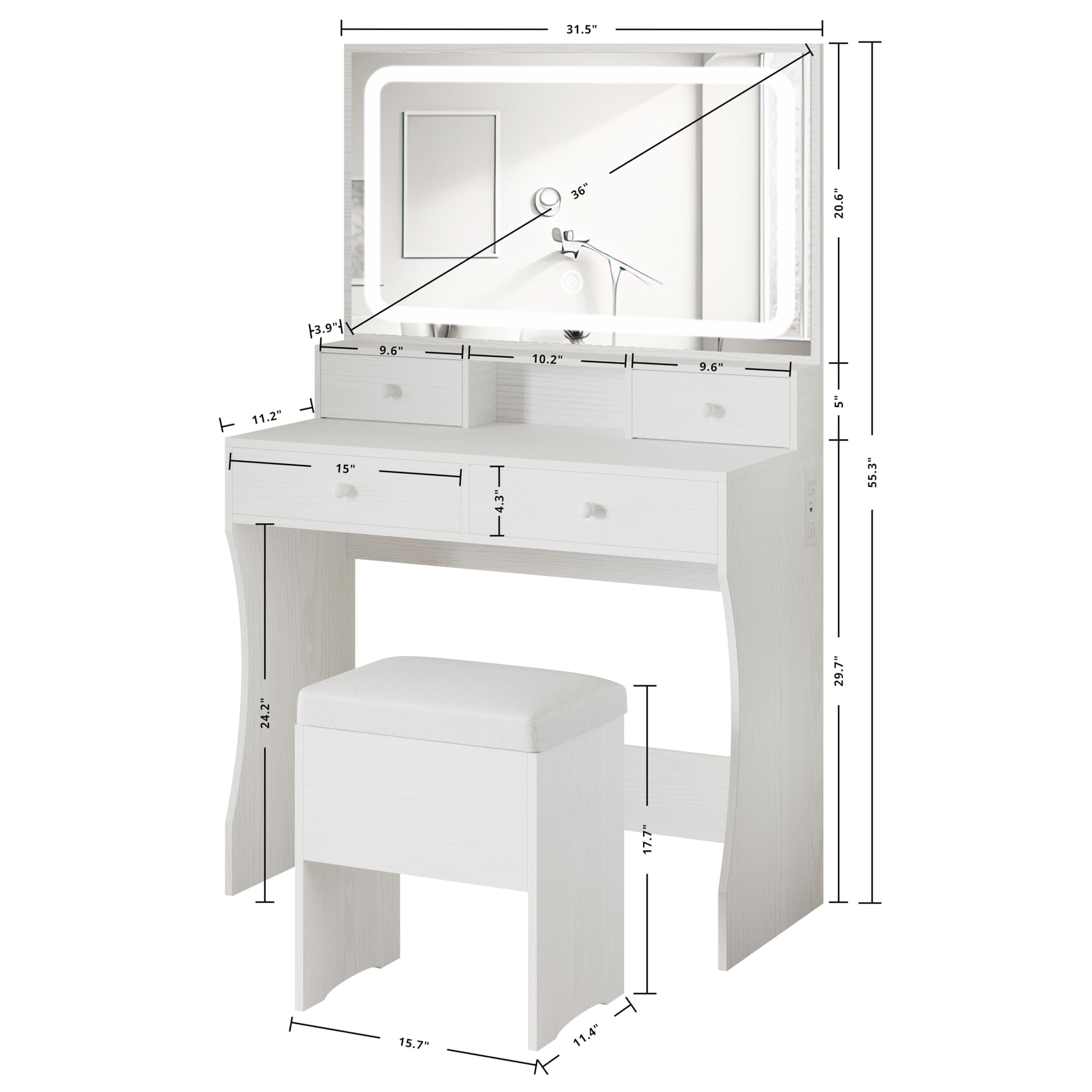 IRONCK White Vanity Desk with LED Lighted Mirror & Power Outlet - Makeup Dressing Table with 4 Drawers & Storage Bench - Perfect for Bedroom, Home Decor & Beauty Routine
