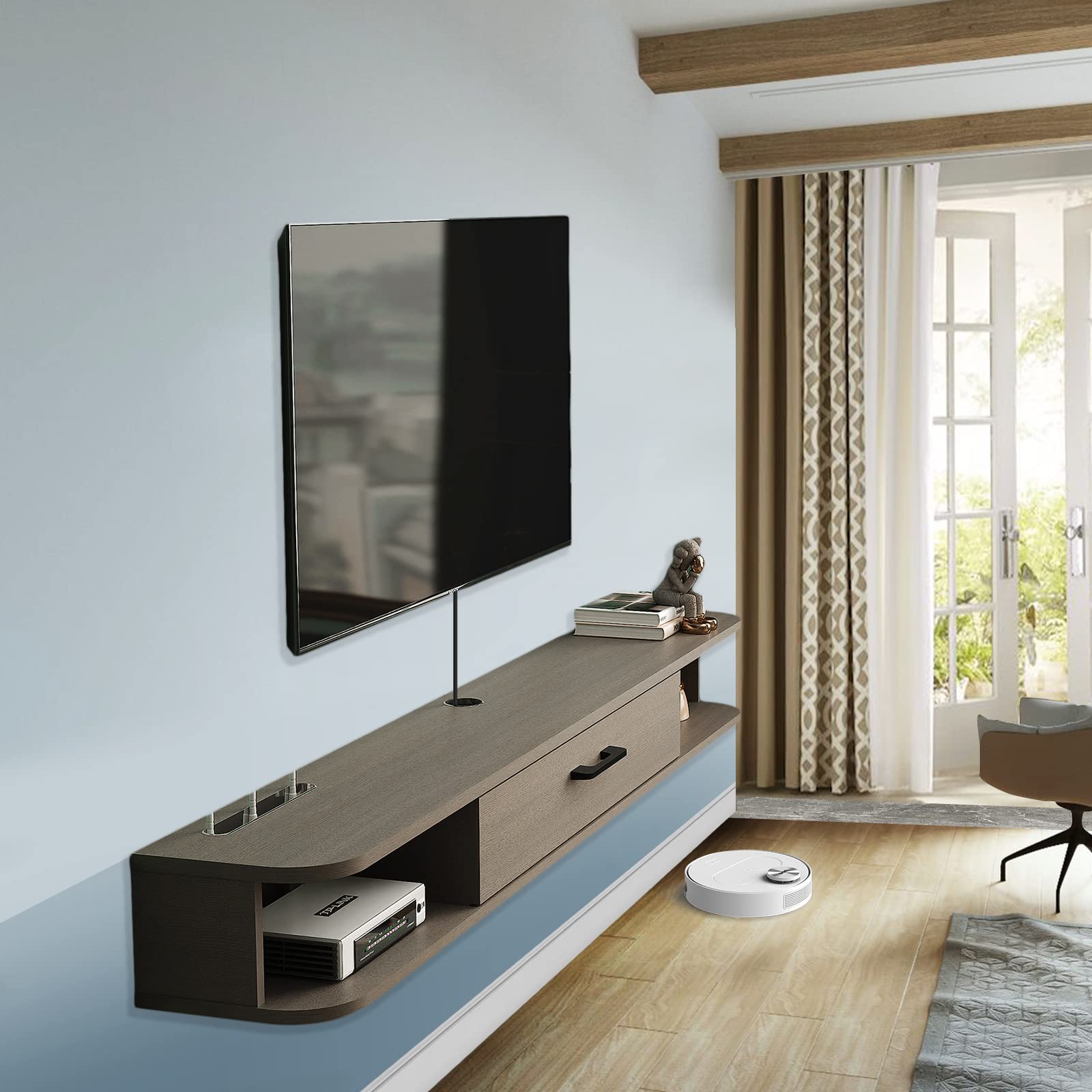 PMNIANHUA Floating TV Stand for 55-60 Inch TVs - Wall Mounted TV Shelf with Storage for Gaming Consoles, Small Spaces, Apartments & Bedrooms - Light Grey Oak - Perfect for Modern Living Rooms & Home Theaters