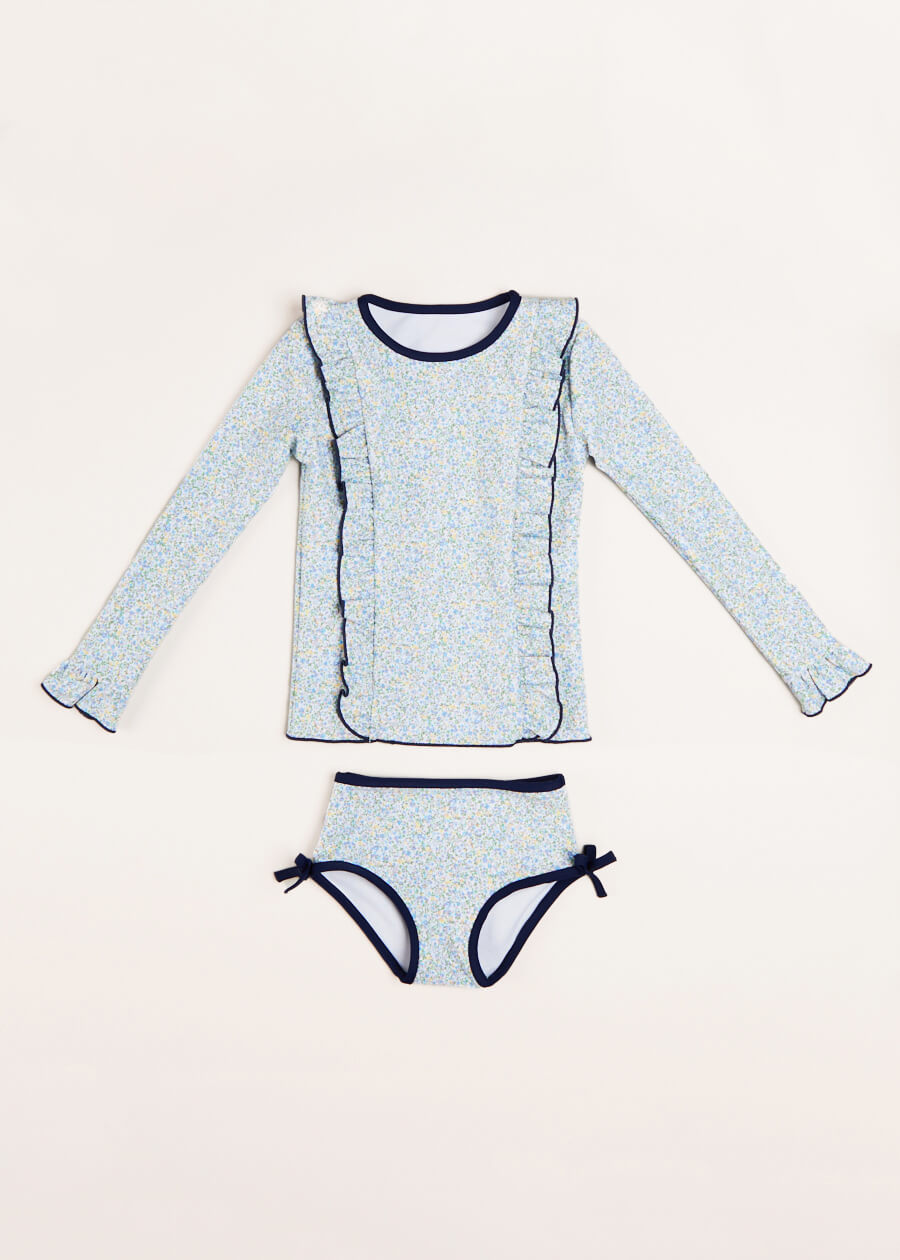Matilda Floral Print Ruffle Trim Long Sleeve Swim Set - Blue (12 Months to 6 Years) | UV Protection Kids Swimwear for Beach, Pool & Summer Water Play