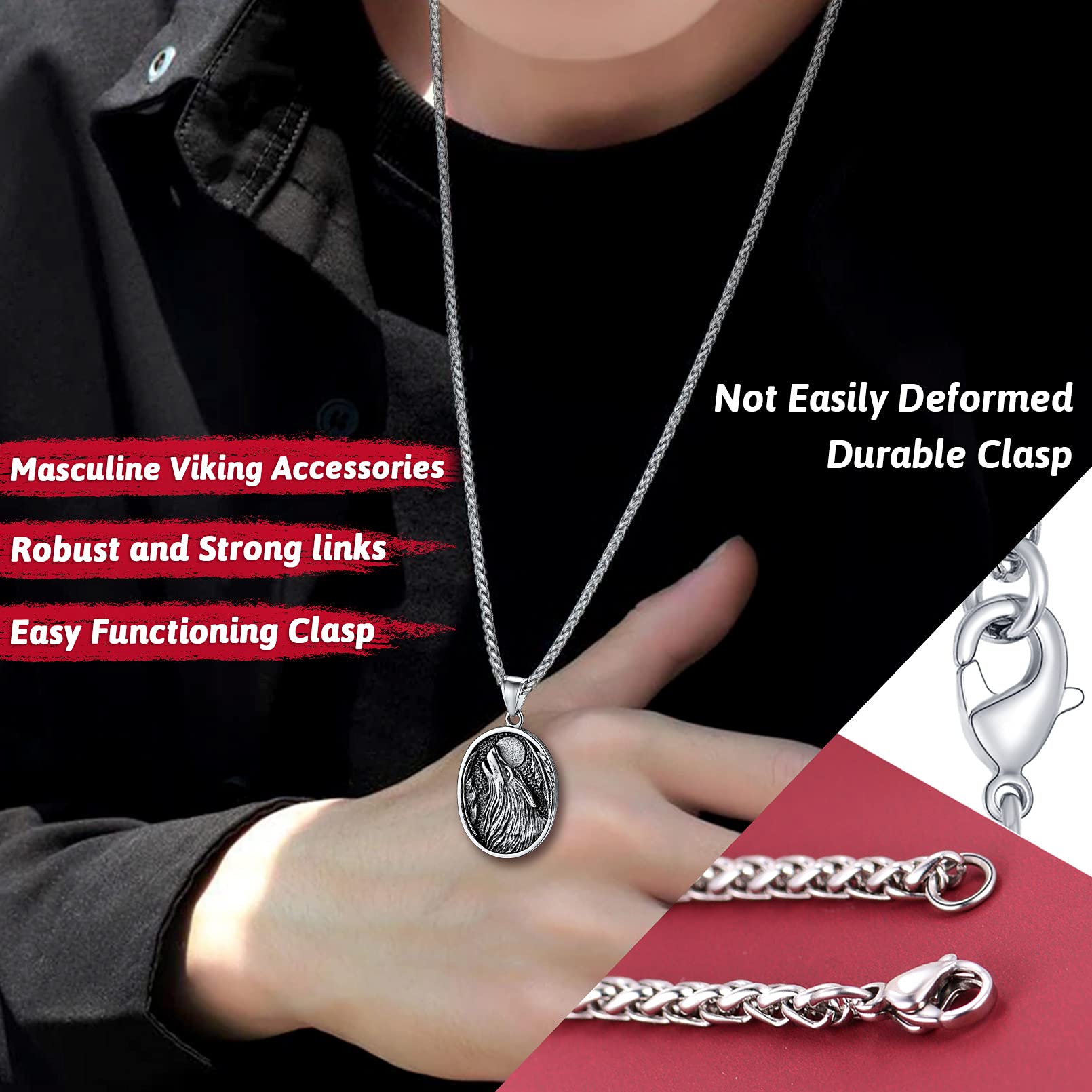 FaithHeart Norse Viking Wolf Pendant Necklace for Men & Women - Stainless Steel/18K Gold Plated Nordic Jewelry with Gift Box - Perfect for Viking Lovers, Cosplay & Medieval Reenactment