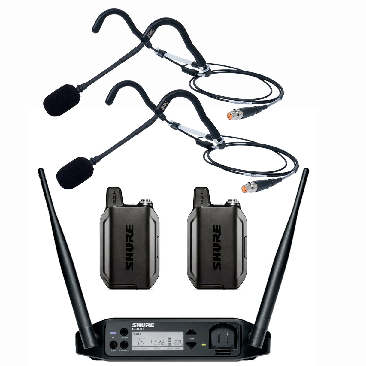Shure GLXD+ Wireless Microphone System with 2 E Mic Headsets & 2 Transmitters - Professional Vocal Performance for Live Shows, Worship, Theater & Studio Recording