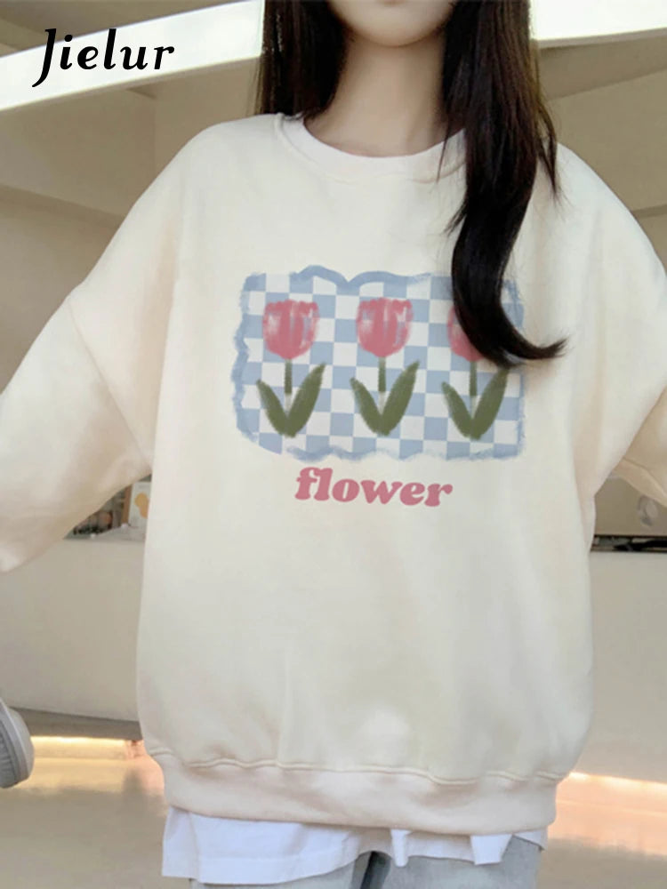 Sweet Apricot Pullover Sweatshirt for Women - Casual Loose Fit O-Neck Basic Hoodie - Winter Fashion Office Wear & Everyday Comfort
