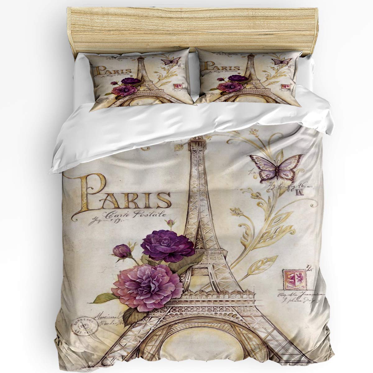 SIGOUYI 3-Piece Modern Duvet Cover Set - 1 Duvet Cover & 2 Pillowcases with Floral Paris Eiffel Tower Butterfly Vintage Stamp Design | Soft Durable Bedding Set with Zipper Closure & Corner Ties | Perfect for Master Bedroom, Guest Room & Bohemian Home Decor