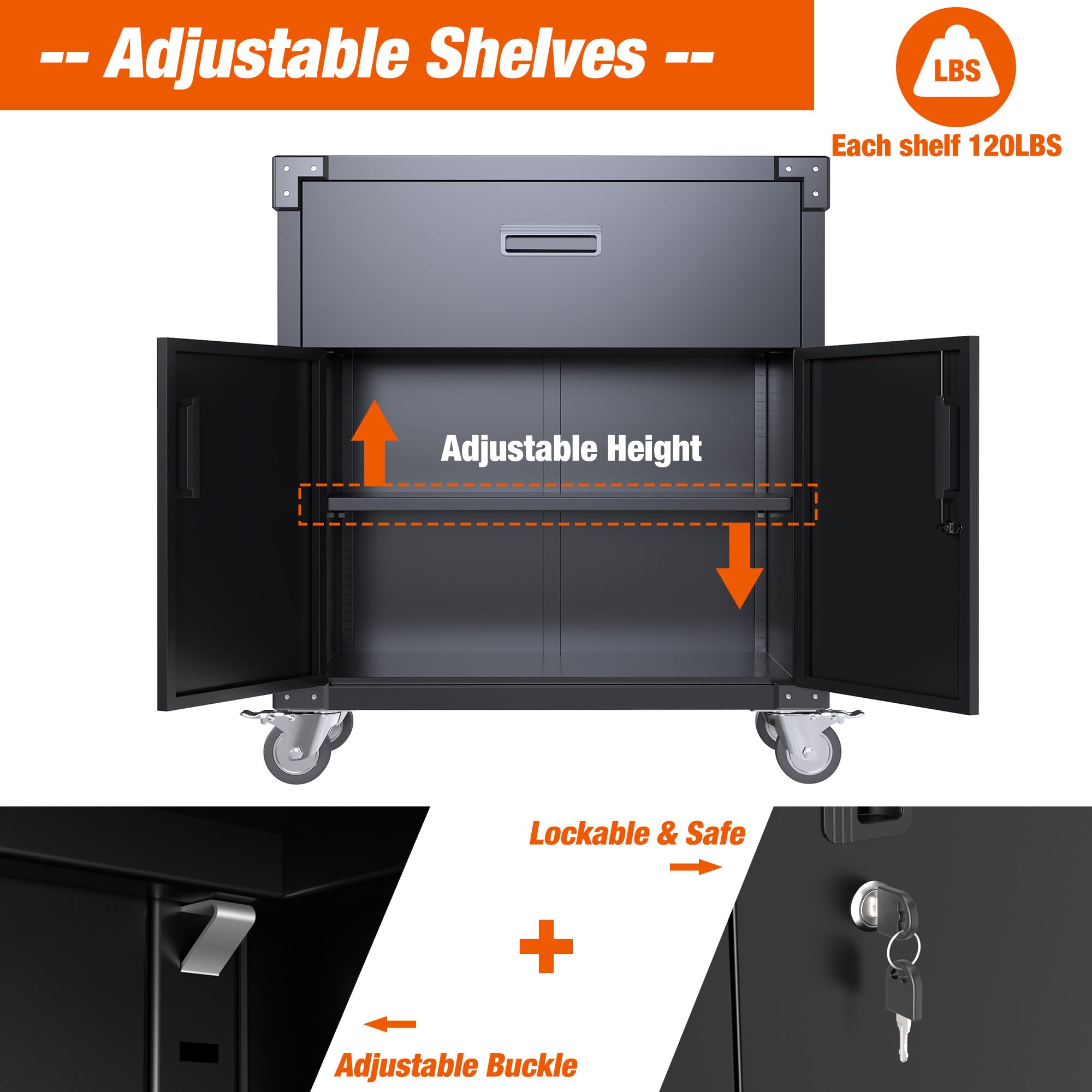 Aobabo Heavy Duty Metal Storage Cabinet with Wheels - Mobile Garage Tool Chest with 1 Drawer & 2 Locking Doors - Rolling Utility Cabinet for Workshop, Garage, or Home Organization - Black (Assembly Required)