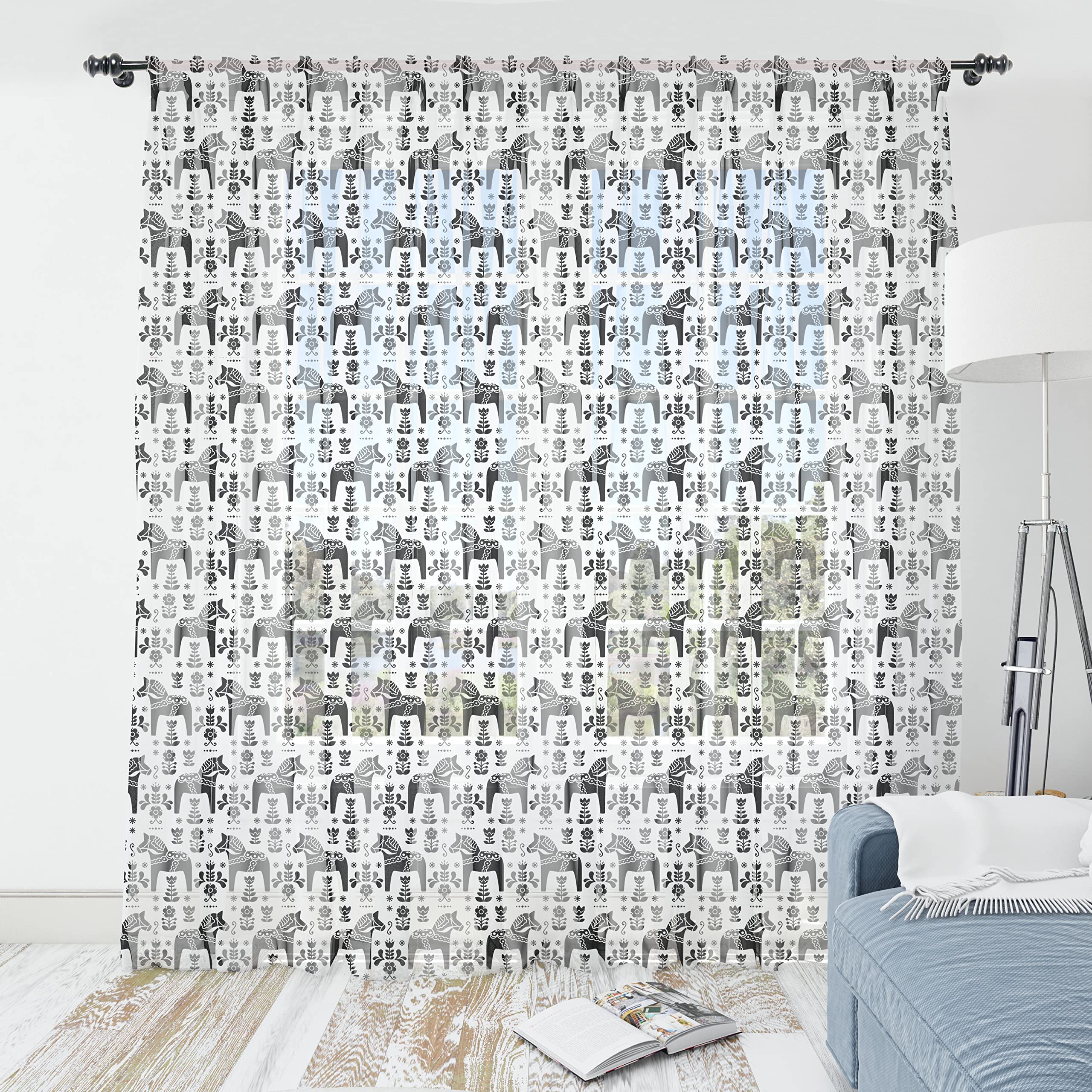 Ambesonne Nordic Tulle Curtains with Rod Pocket - Swedish Folk Art Black & White Sheer Drapes (108