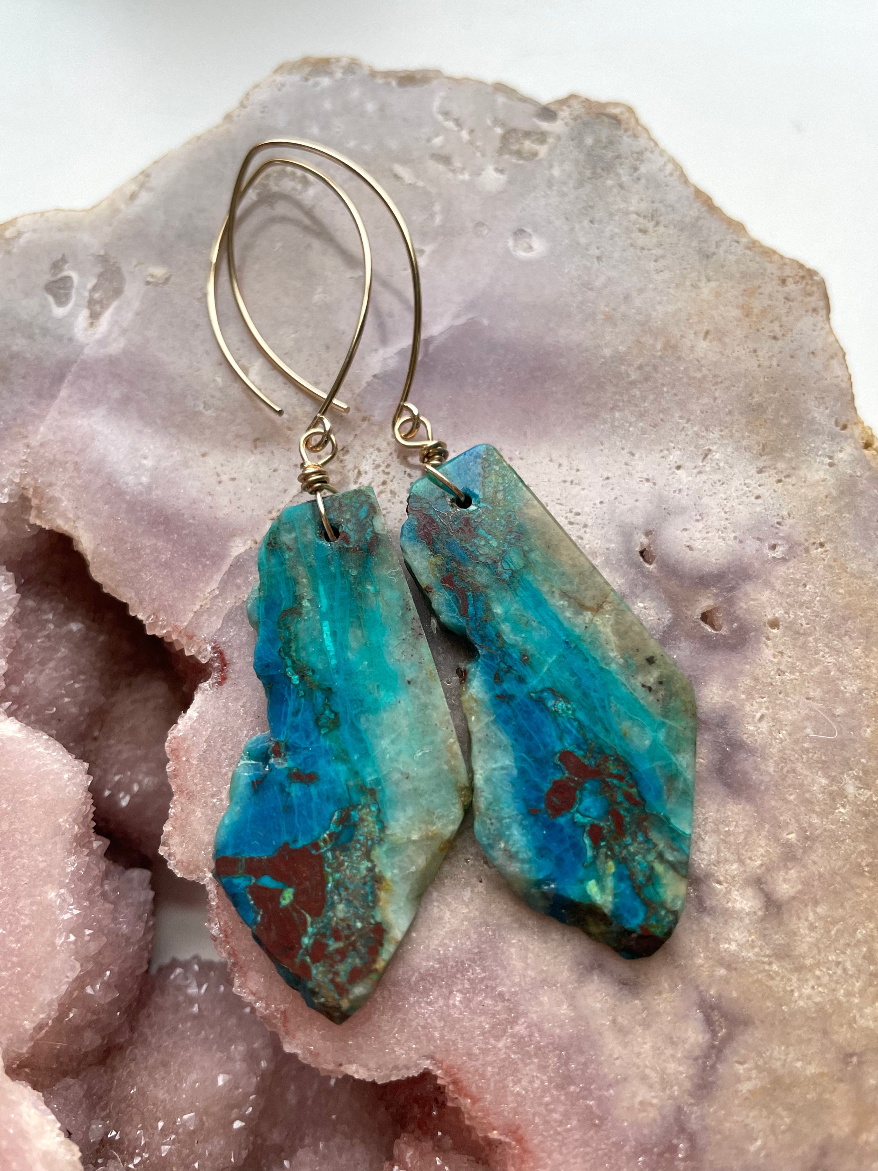 Chrysocolla Gold Filled Statement Crystal Gemstone Earrings for Women | Elegant Bohemian Jewelry | Perfect for Parties, Weddings & Special Occasions