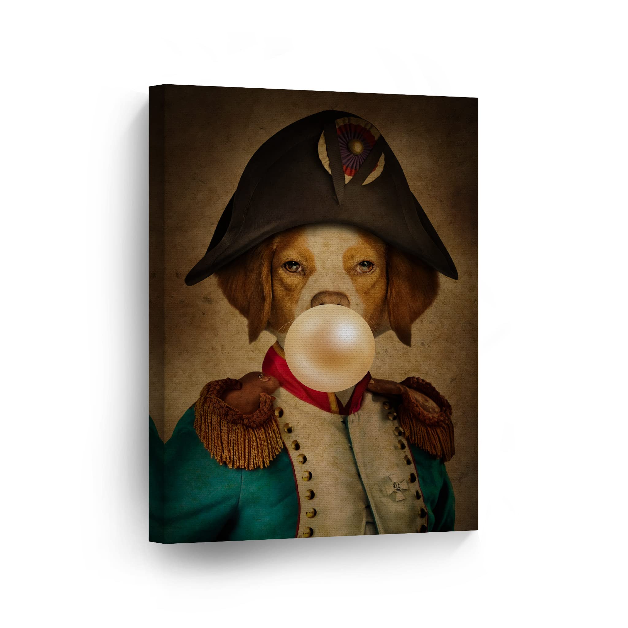 Epagneul Breton Dog Portrait as Napoleon Chewing Bubble Gum - Canvas Wall Art Print (36x24) | Unique Pet Lover Gift for Dog Owners | Perfect for Living Room, Bedroom, Nursery & Kids Room Decor