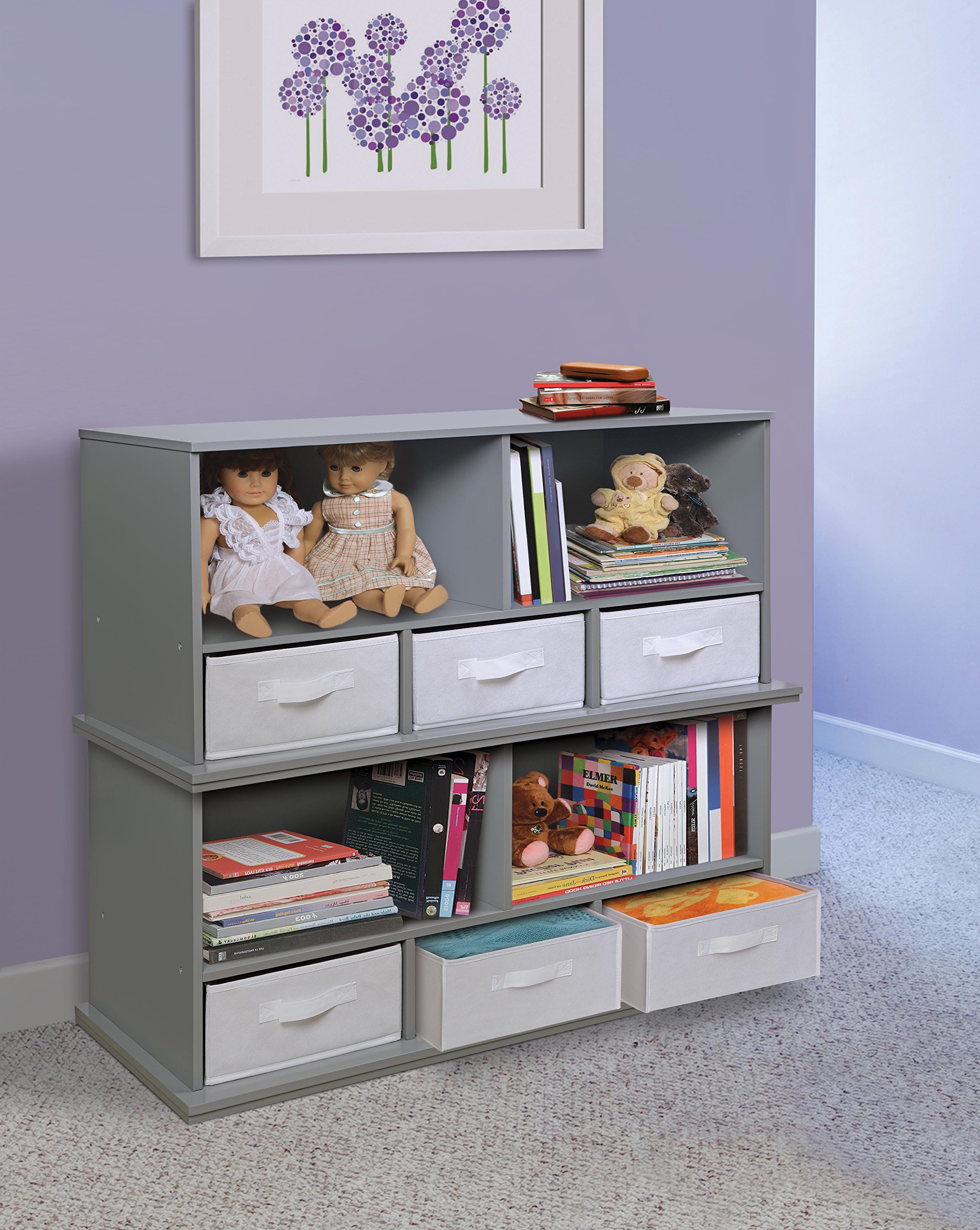 Badger Basket 5-Shelf Stackable Toy Storage Organizer with 3 Fabric Bins - Gray | Kids Room Organization & Playroom Storage Solution