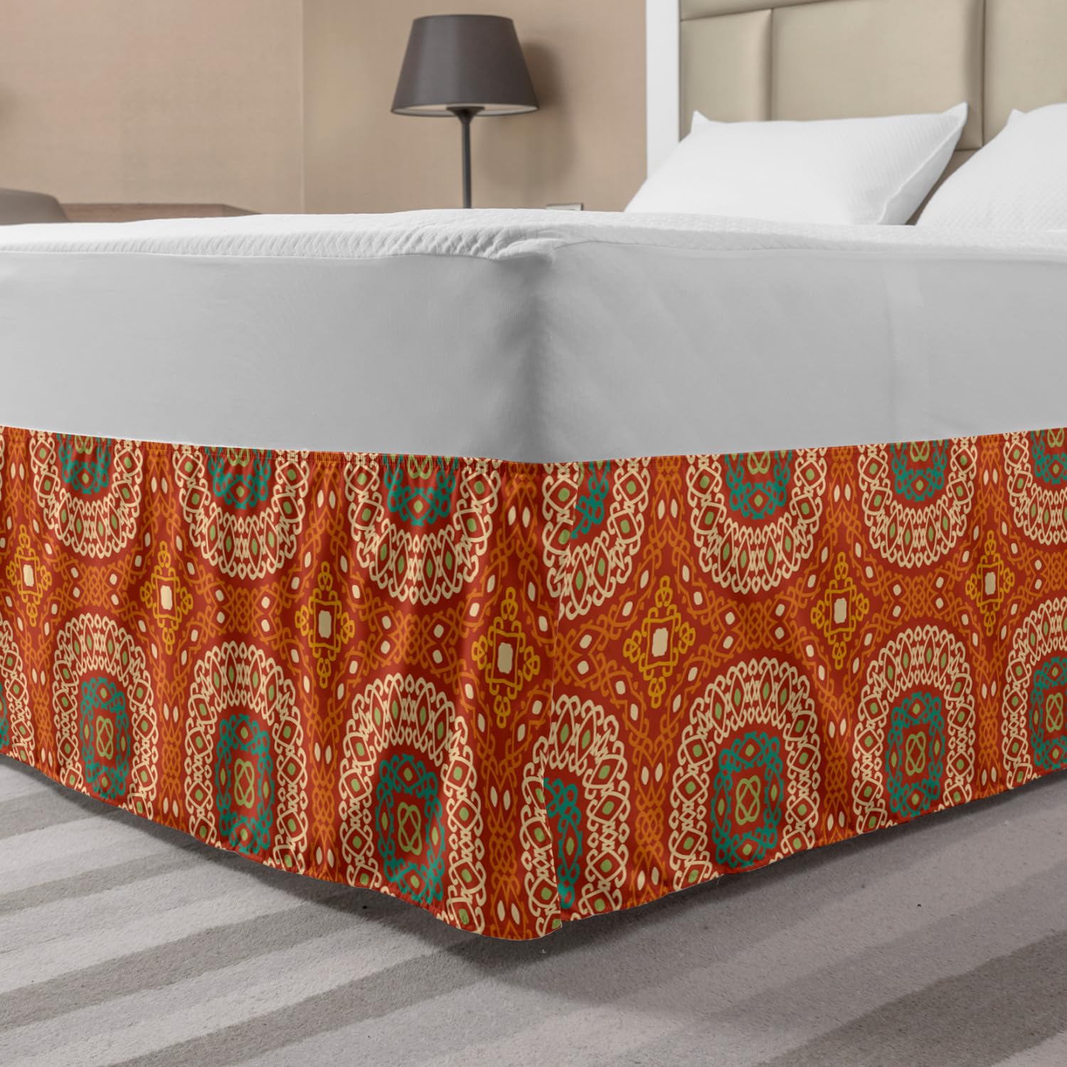 Ambesonne Bohemian Abstract Bed Skirt - Earth Tone Stroke Pattern Elastic Dust Ruffle Wrap Around Bedskirt for King Size Beds | Orange Multicolor Home Decor | Perfect for Bohemian & Modern Bedroom Styling