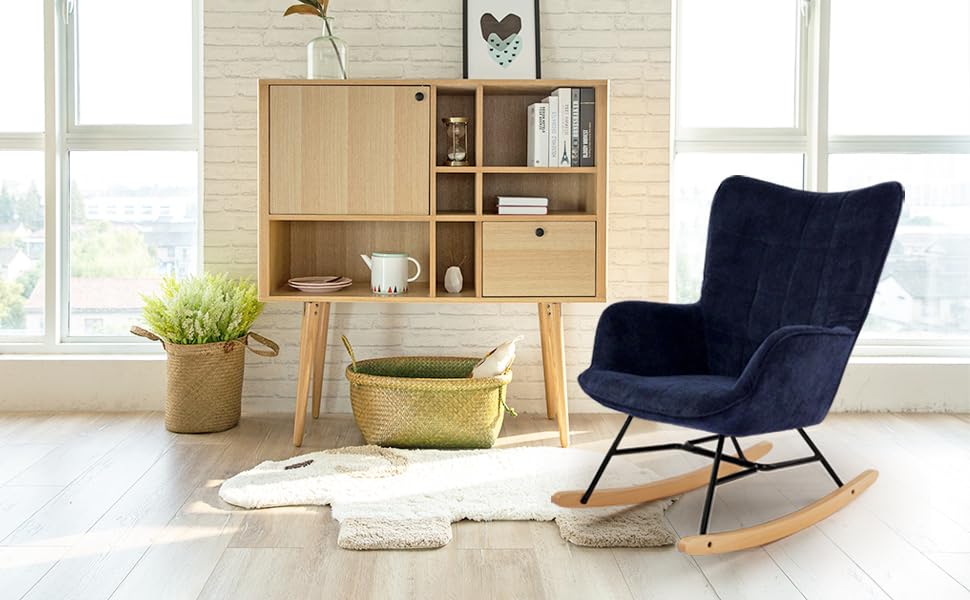 LSSPAID Upholstered Nursery Glider Rocking Chair with High Backrest - Comfortable Armchair for Living Room, Bedroom & Nursery - Navy Blue - Perfect for Nursing, Reading & Relaxing