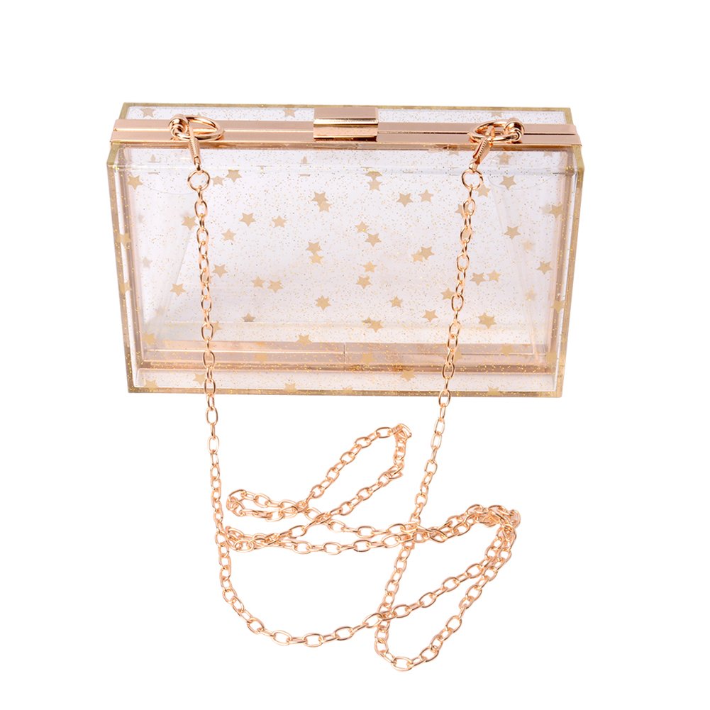 Women's Acrylic Transparent Gold Star Evening Clutch Purse - Vintage Banquet Handbag for Parties, Weddings & Formal Events (Clear)