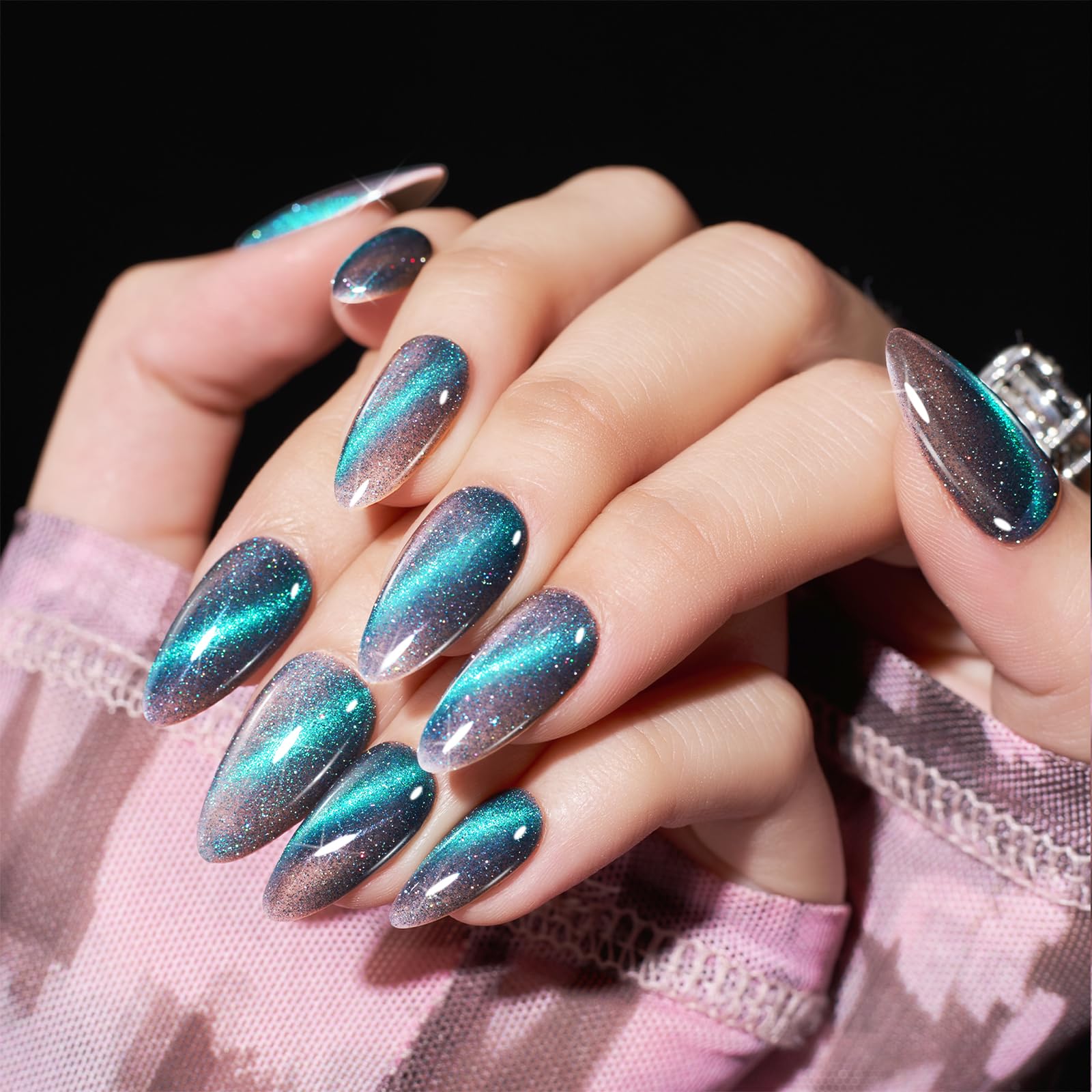 Cat Eye Press on Nails Almond Shape - Grey Medium Fake Nails with Green Glitter Design, Glossy Salon-Quality Magnetic Gel Nails (24 Pcs Kit, 12 Sizes) for Women & Girls - Perfect for Parties, Weddings, Date Nights & Special Occasions