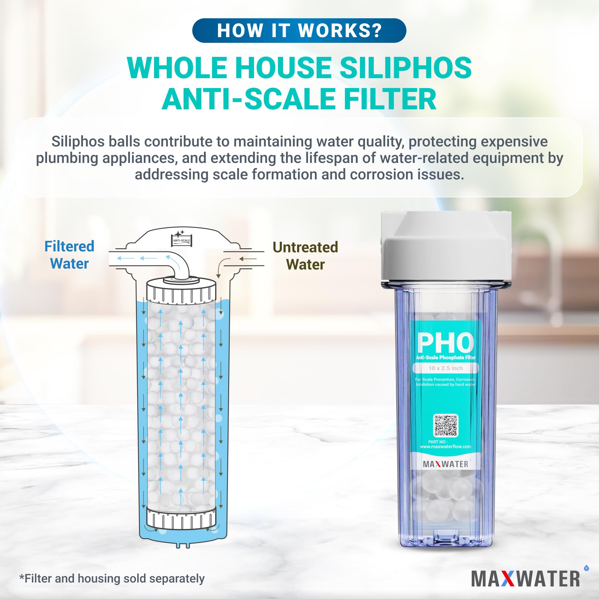 **Max Water Siliphos Anti-Scale Filter Media - 5 Lbs (5-Pound Bag) with Clear Housing | Prevents Limescale in Pipes & Appliances | Ideal for Water Softeners, Boilers & Dishwashers**