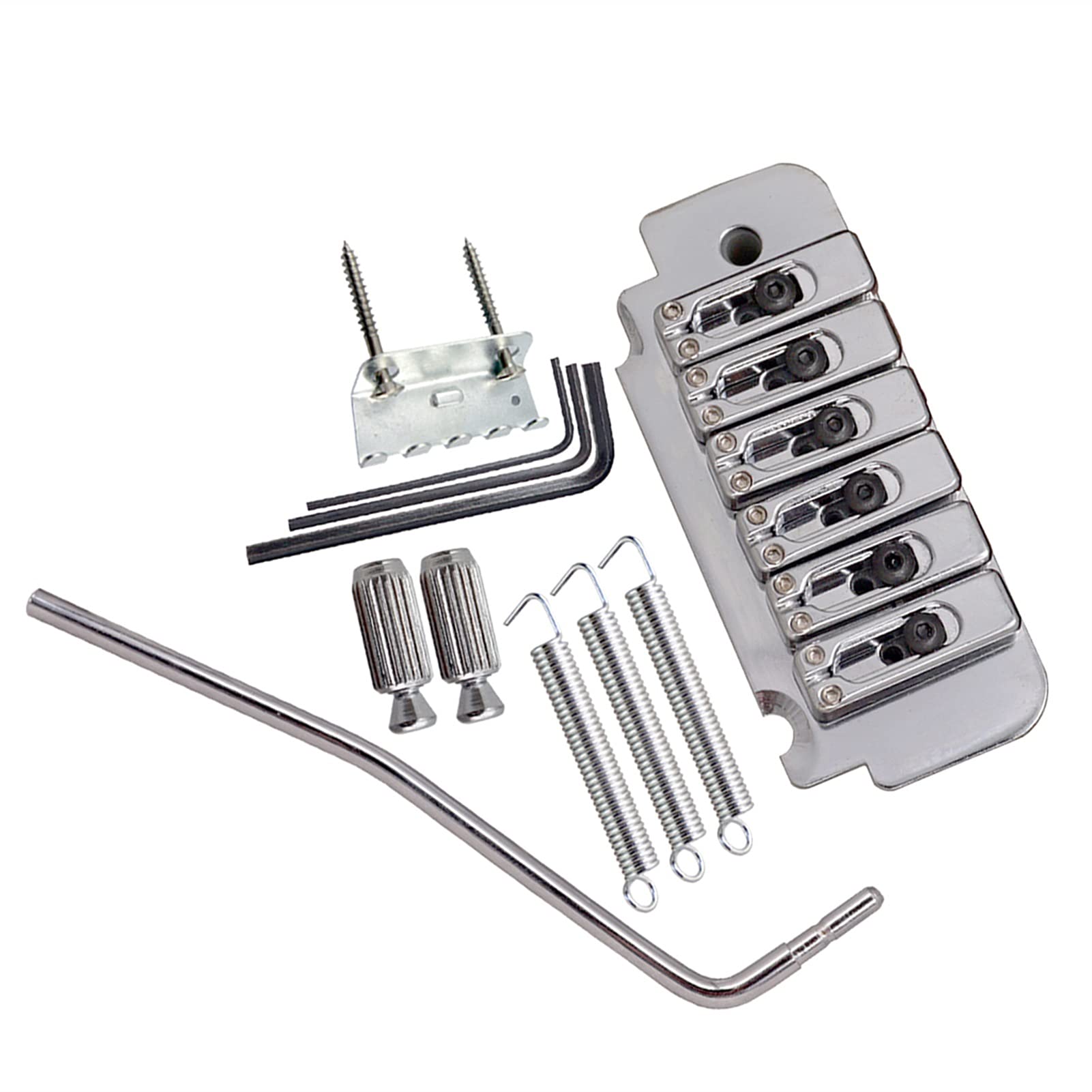 6 String Electric Guitar Roller Saddle Tremolo Bridge System - Silver | Includes Body Mount Claw Screws, Wrench & Tremolo Bar Studs | Perfect for Guitar Upgrades & DIY Repairs