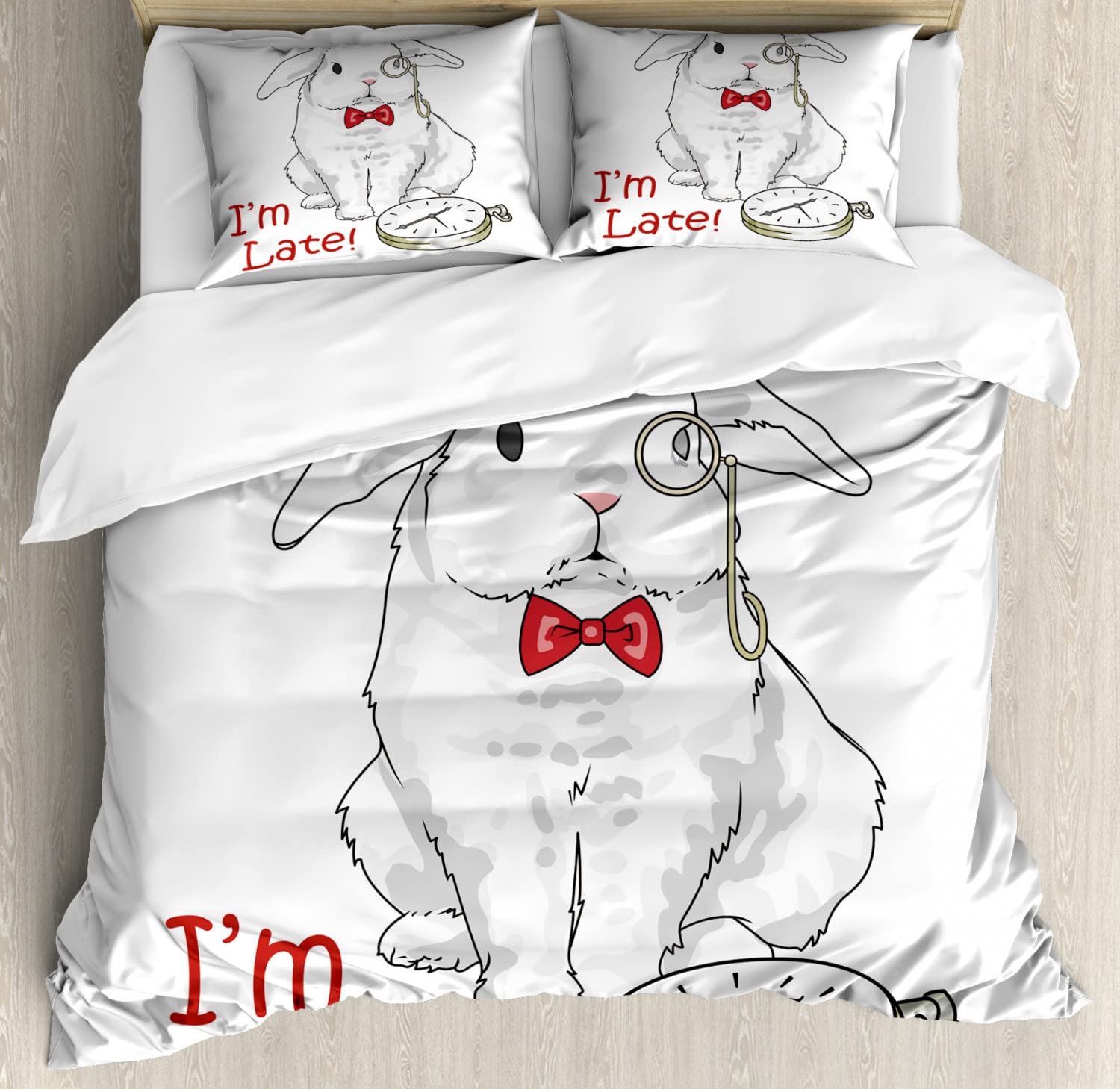 Ambesonne Alice in Wonderland Duvet Cover Set - 2 Pack Twin Size with 2 Pillowcases, White & Red Cartoon Fantasy Design Featuring Funny Rabbit Character - Perfect for Kids' Bedrooms, Themed Decor, and Gift Giving