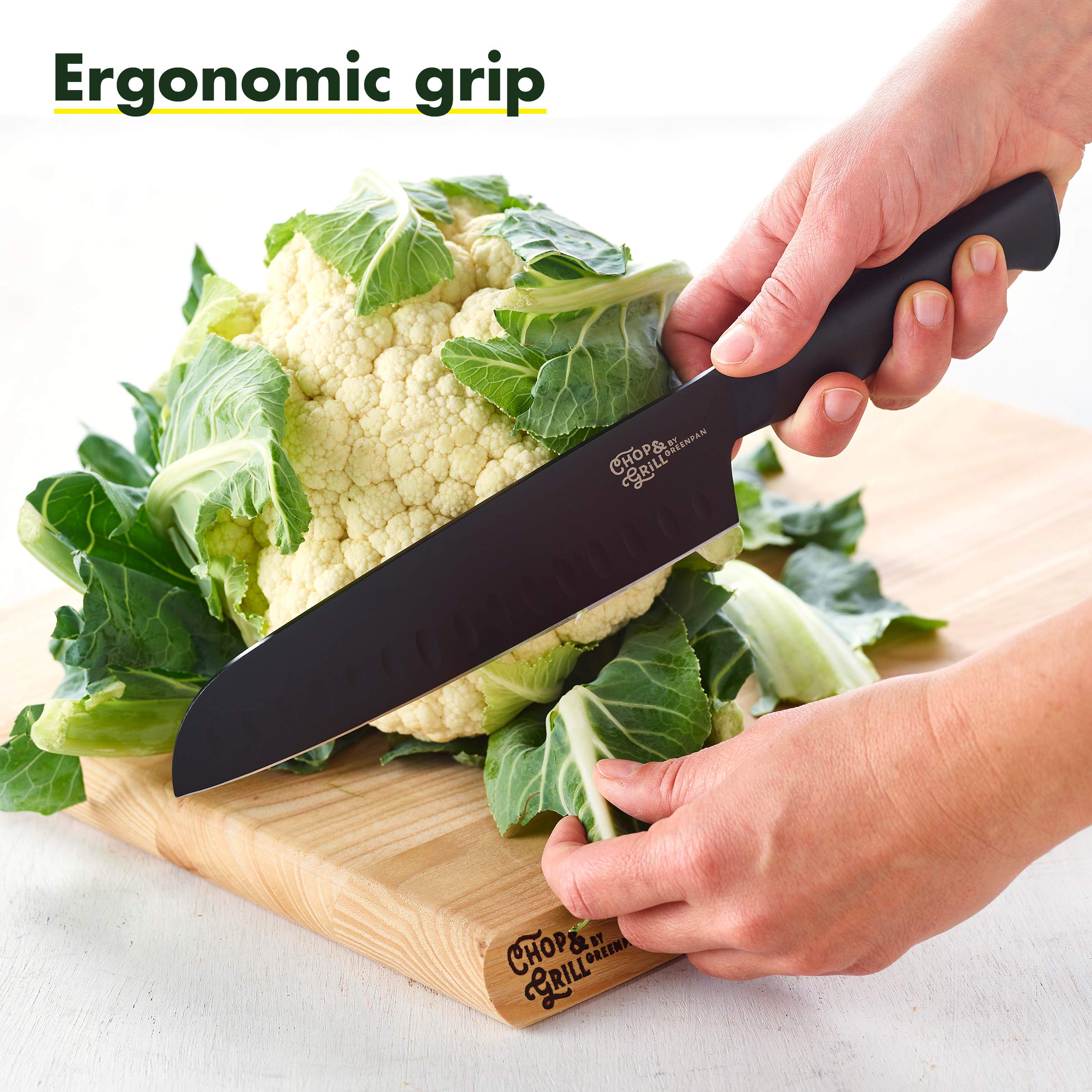 GreenPan Premium Ceramic Non-Stick Chop & Grill Santoku Knife - 7 Inch Japanese Kitchen Knife for Slicing, Dicing & Mincing - Perfect for Vegetables, Meat & Fish - Dishwasher Safe & Ergonomic Handle