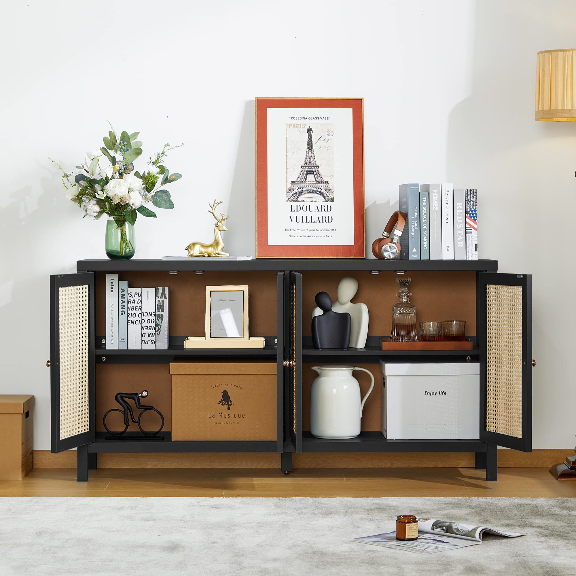QHITTY 4-Door Rattan Sideboard Buffet Cabinet with Adjustable Shelves - Storage Console Table for Kitchen, Dining Room, Living Room & Hallway - Perfect for Organizing Dishes, Linens & Home Decor (Black)