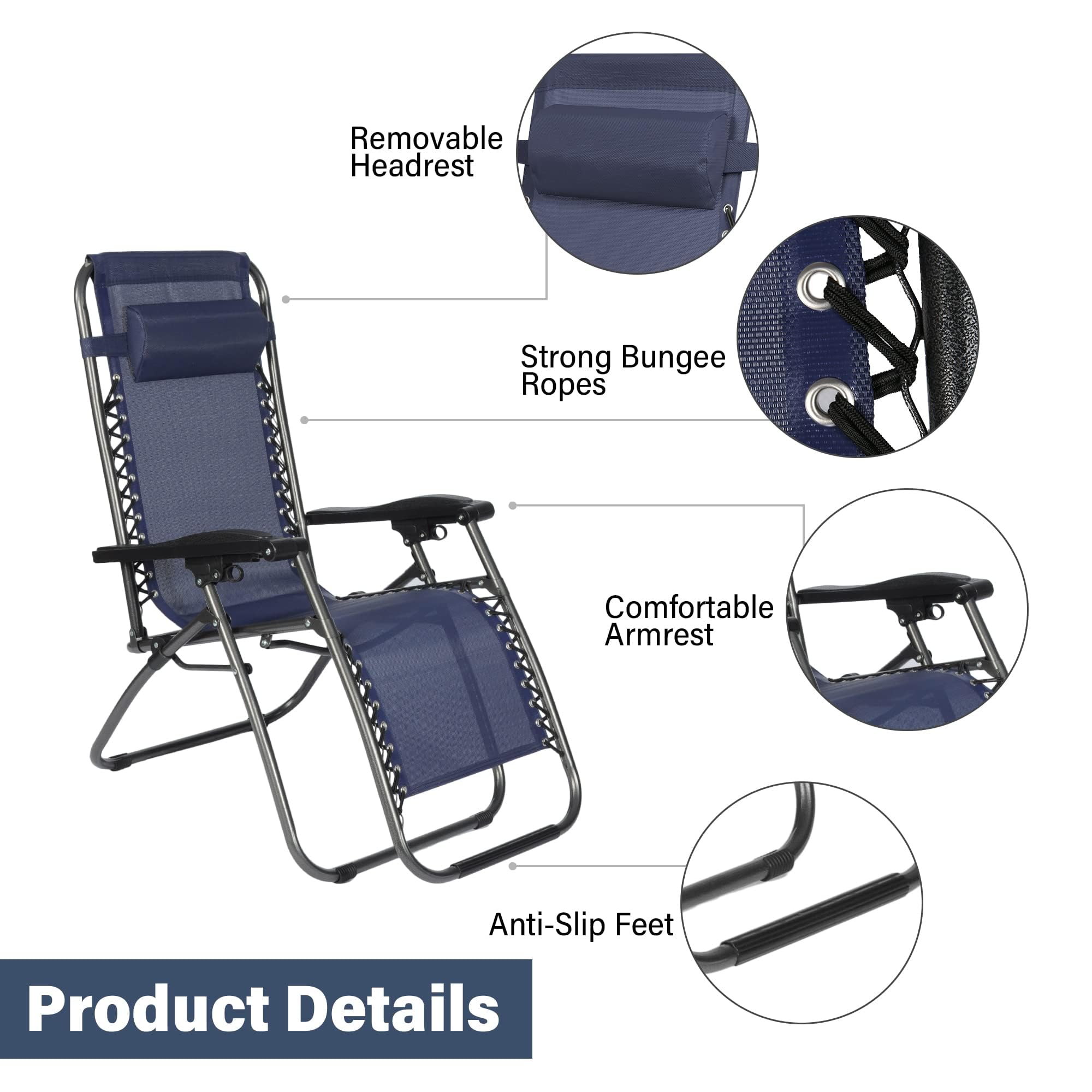 LUCKYERMORE Set of 2 Adjustable Zero Gravity Lounge Chairs - 300lb Capacity Lightweight Folding Outdoor Recliners with Pillow for Patio, Poolside, Beach, Backyard & Garden Relaxation - Blue