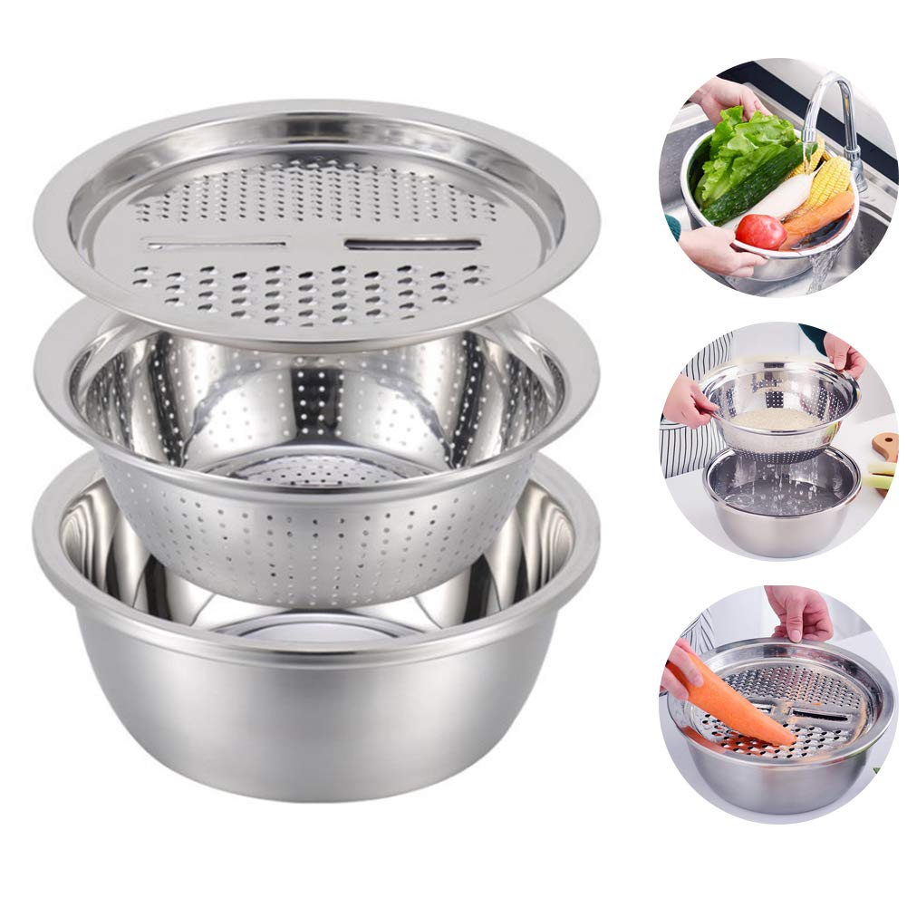 Premium 3-in-1 Stainless Steel Kitchen Sink Colander Set - Fine Mesh Strainer, Vegetable Fruit Washing Basket & Julienne Grater for Efficient Food Prep - Perfect for Washing Rice, Draining Pasta, and Grating Vegetables
