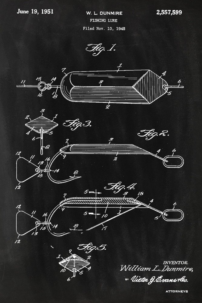 Lantern Press Blackboard Patent Fishing Lure Wall Art Poster - 12x18 Inches Vintage Fishing Decor for Man Cave, Office & Home Decor (Perfect Gift for Anglers & Fishing Enthusiasts)