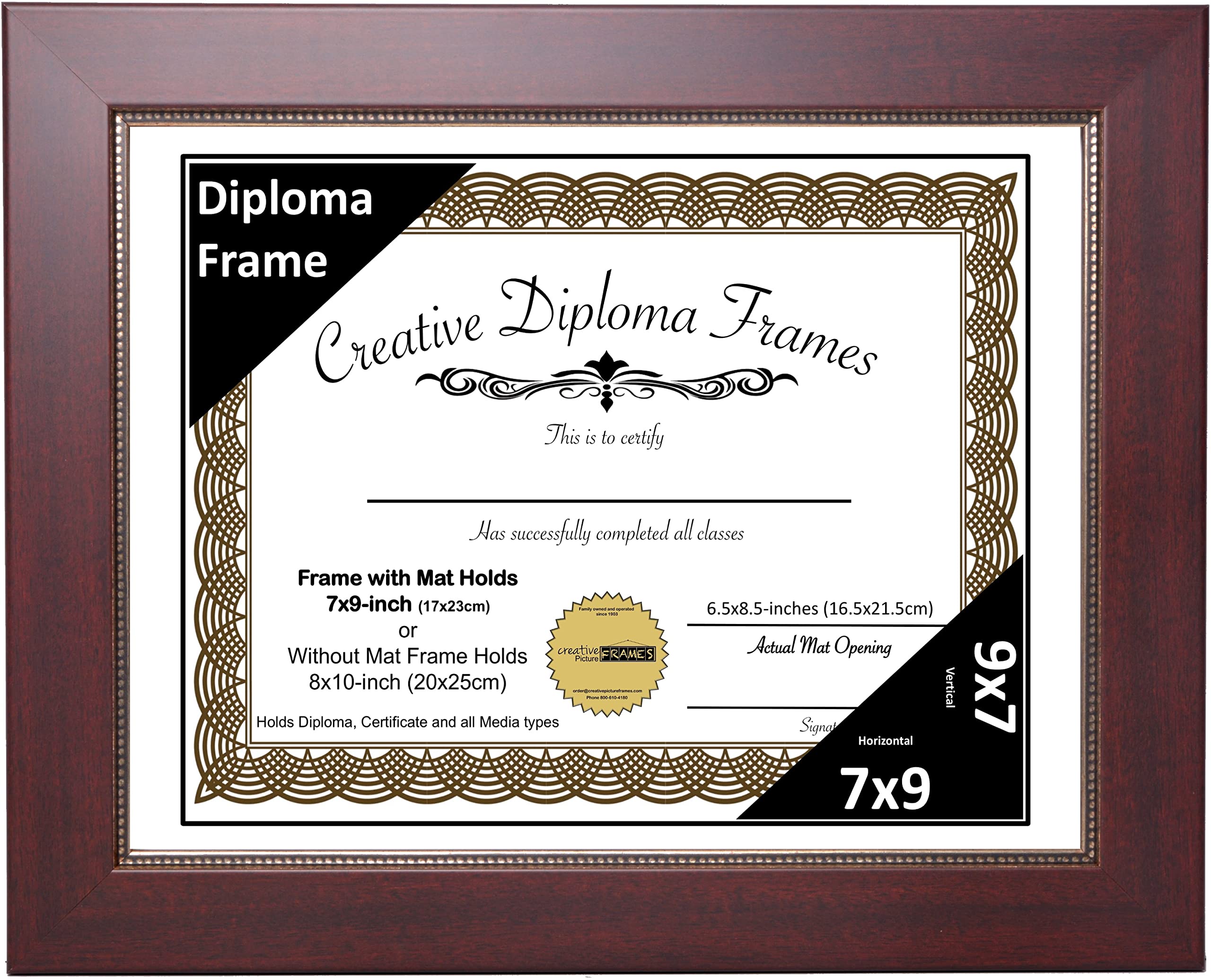 7x9 Empire Mahogany Diploma Picture Frame with White Mat, Glass & Wall Hangers - Holds 8x10 Photos - Perfect for Graduation, Office Decor & Home Display