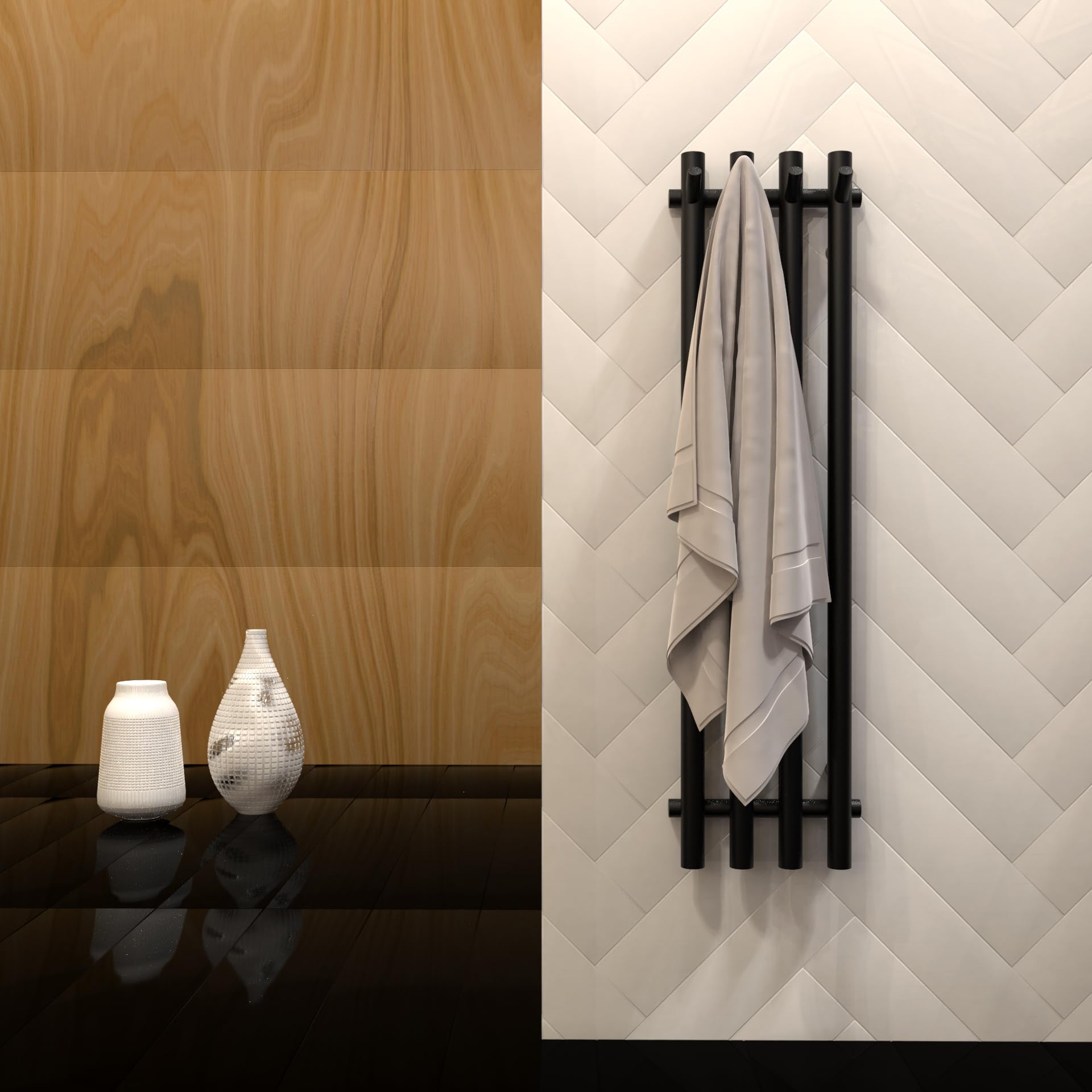 Premium Heated Towel Rack - Adjustable Timer & Wall Mounted Towel Warmer for Bathroom | Hardwired or Plug-in Vertical Towel Heater (Black) | Perfect for Spa-Like Luxury & Cozy Bathroom Experience