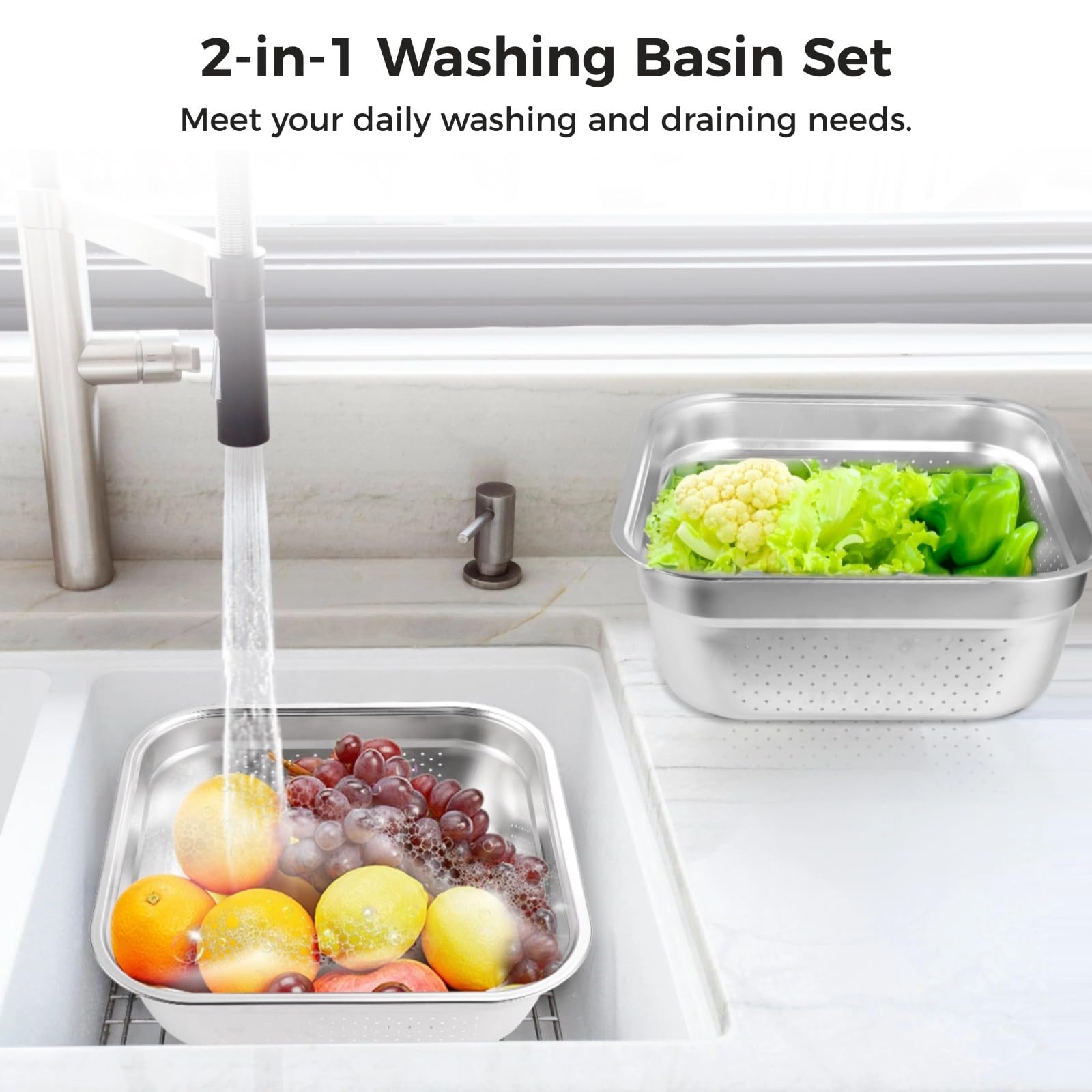 **Yeesport 2-in-1 Stainless Steel Colander & Mixing Bowl Set – Small Fruit & Vegetable Washing Basin, Rice & Pasta Strainer – Multi-Purpose Kitchen Tool for Draining, Washing & Mixing – Perfect for Cooking, Baking & Meal Prep**