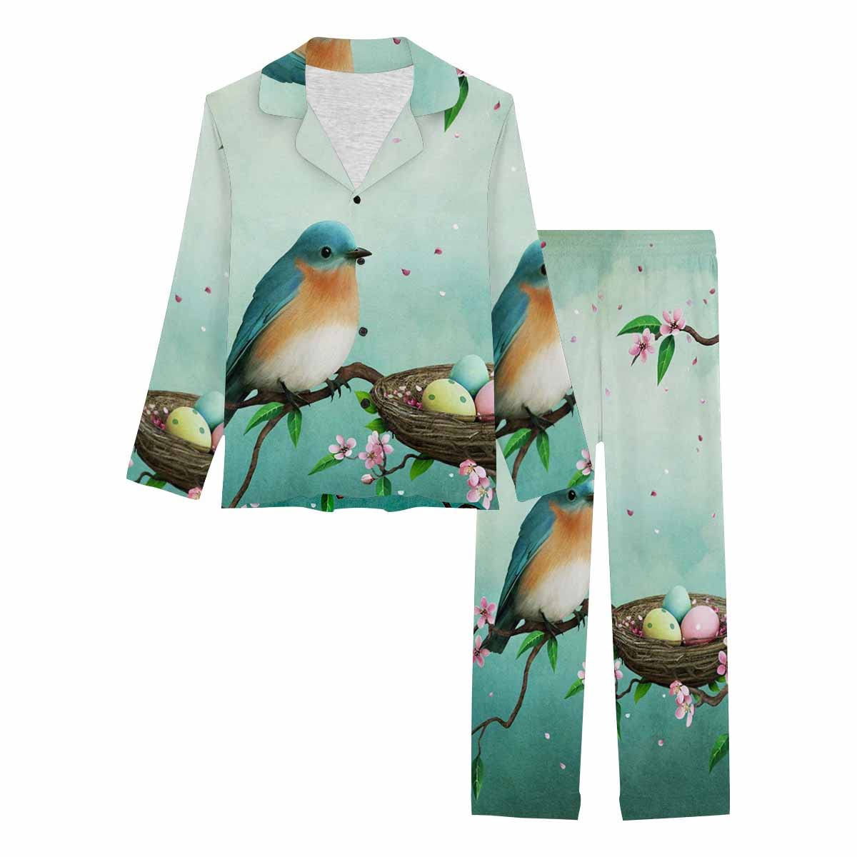 InterestPrint Women's Easter Blue Birds & Eggs in Nest Long Sleeve Button-Down Pajama Set - Cozy Loungewear for Sleep, Relaxing at Home & Holiday Comfort