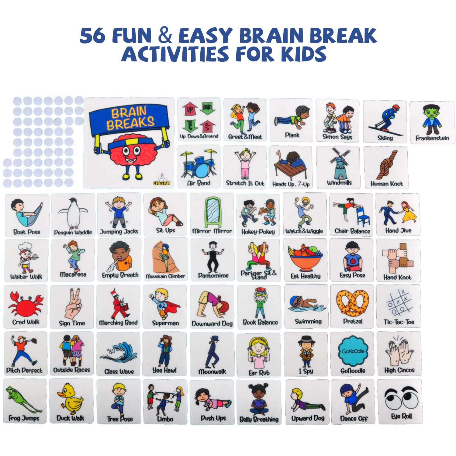 CHEFAN Classroom Brain Break Activities Board - 56 Fun Exercise Cards for Kids, PE Equipment & Gym Learning Games | Perfect for Physical Education, Recess Play & Indoor/Outdoor School Activities
