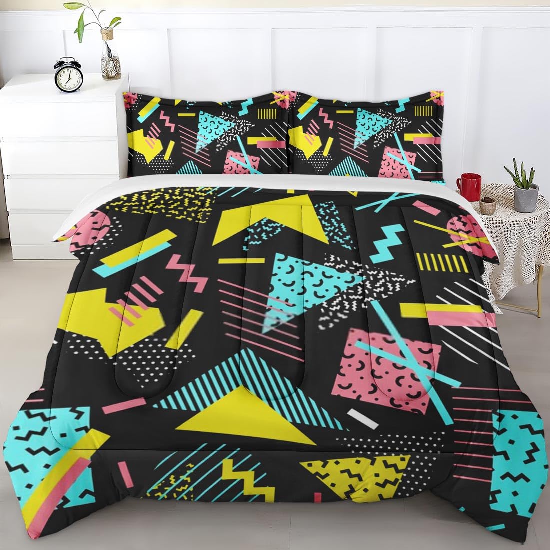 Full Size Comforter Set - Geometric Retro Vintage 80s Style Bedding for Kids & Adults | Neon Space Themed Duvet Cover with 2 Pillowcases | Perfect for Bedroom Decor, Dorm Room Essentials & Cozy Home Styling