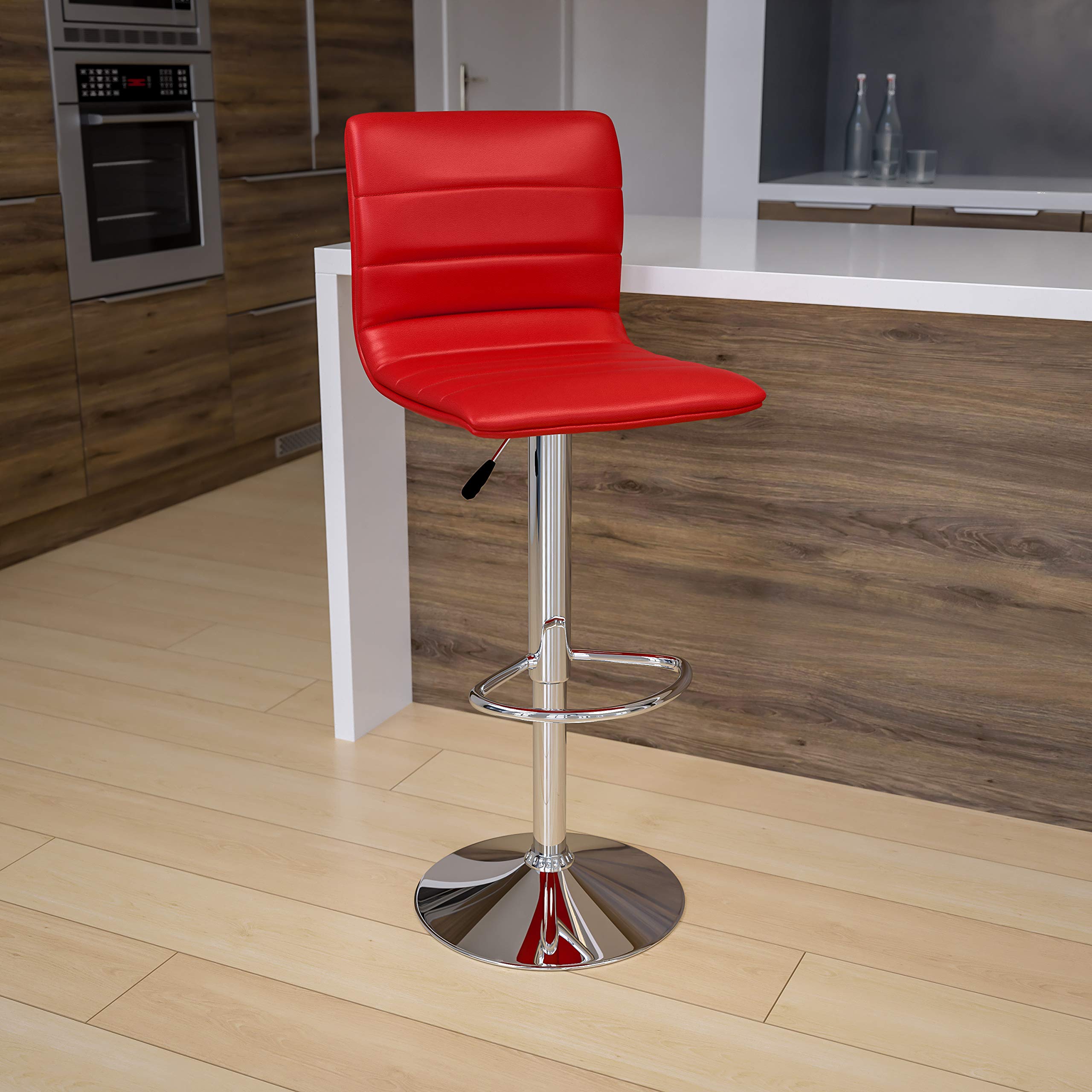 EMMA & OLIVER Adjustable Height Bar Stool - Red Vinyl with Horizontal Stitch Back - Perfect for Kitchen Islands, Home Bars & Dining Counter