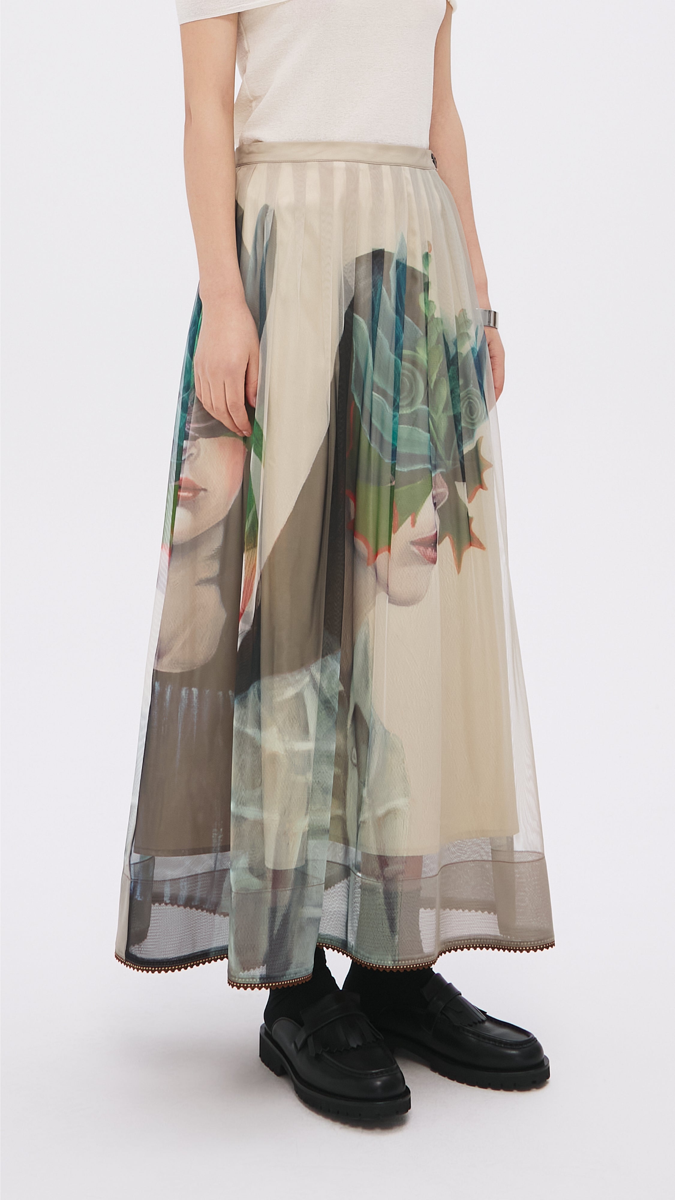 Mariko Enomoto Women's Graphic Print Pleated Mesh Skirt - Stylish A-Line Midi Skirt for Party, Date Night & Casual Outfits