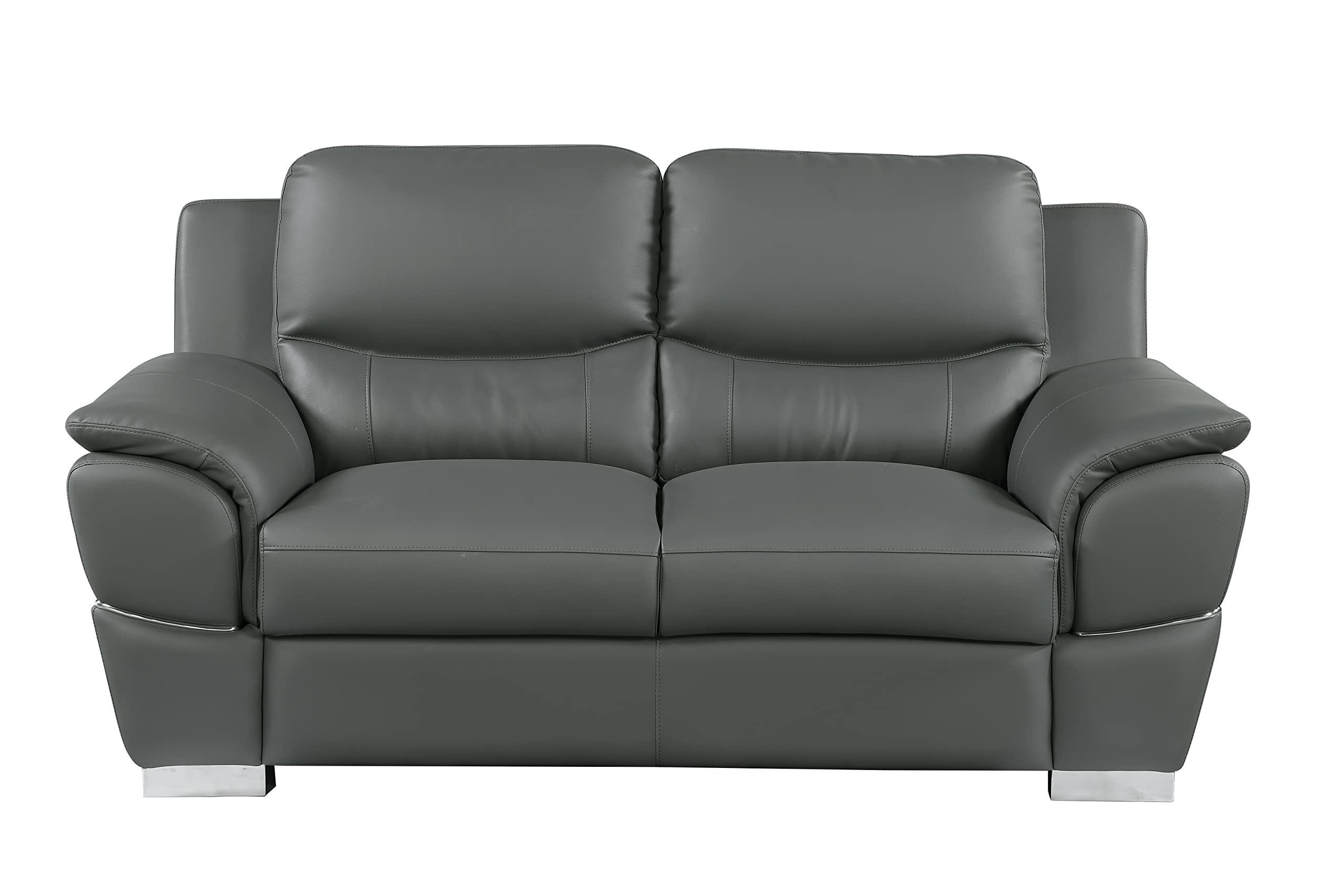 Binion Modern Genuine Leather Loveseat - 1-Piece Upholstered Sofa with Padded Headrest, Wide Arms & Chrome Accents for Living Room - Elegant Gray Leather Couch for Small Spaces, Apartments & Cozy Home Decor