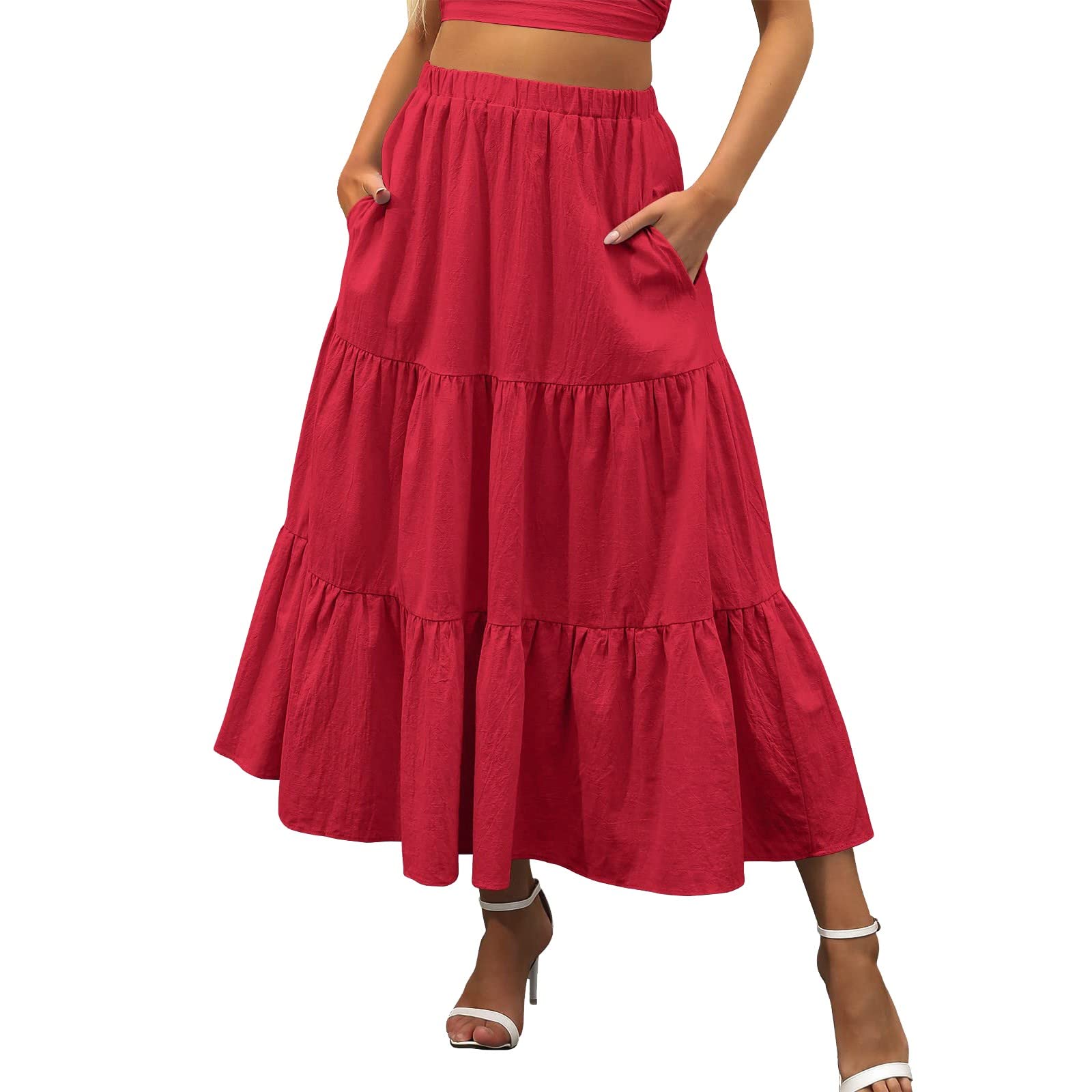 Women's Summer Beach Wrap Skirt - Elastic Waist, Pleated Tiered Long Dress with Pockets | Perfect for Vacations, Outdoor Activities & Casual Wear