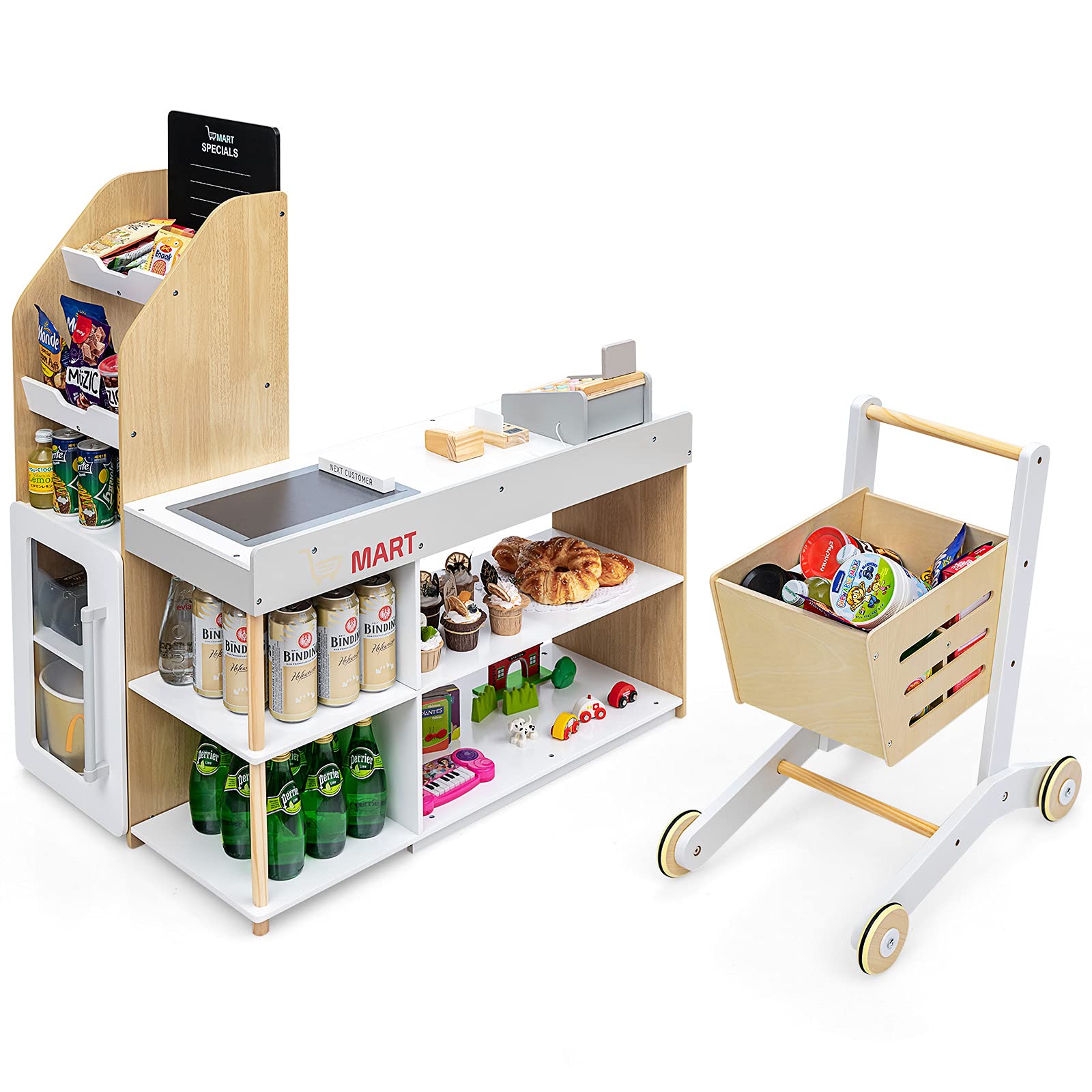INFANS Kids Wooden Grocery Store Playset - Supermarket Toy Set with Cash Register, Shopping Cart, Blackboard & Wooden Coins | Pretend Play Toy for Toddlers & Preschoolers | Perfect for Role Play, Learning & Social Skills Development