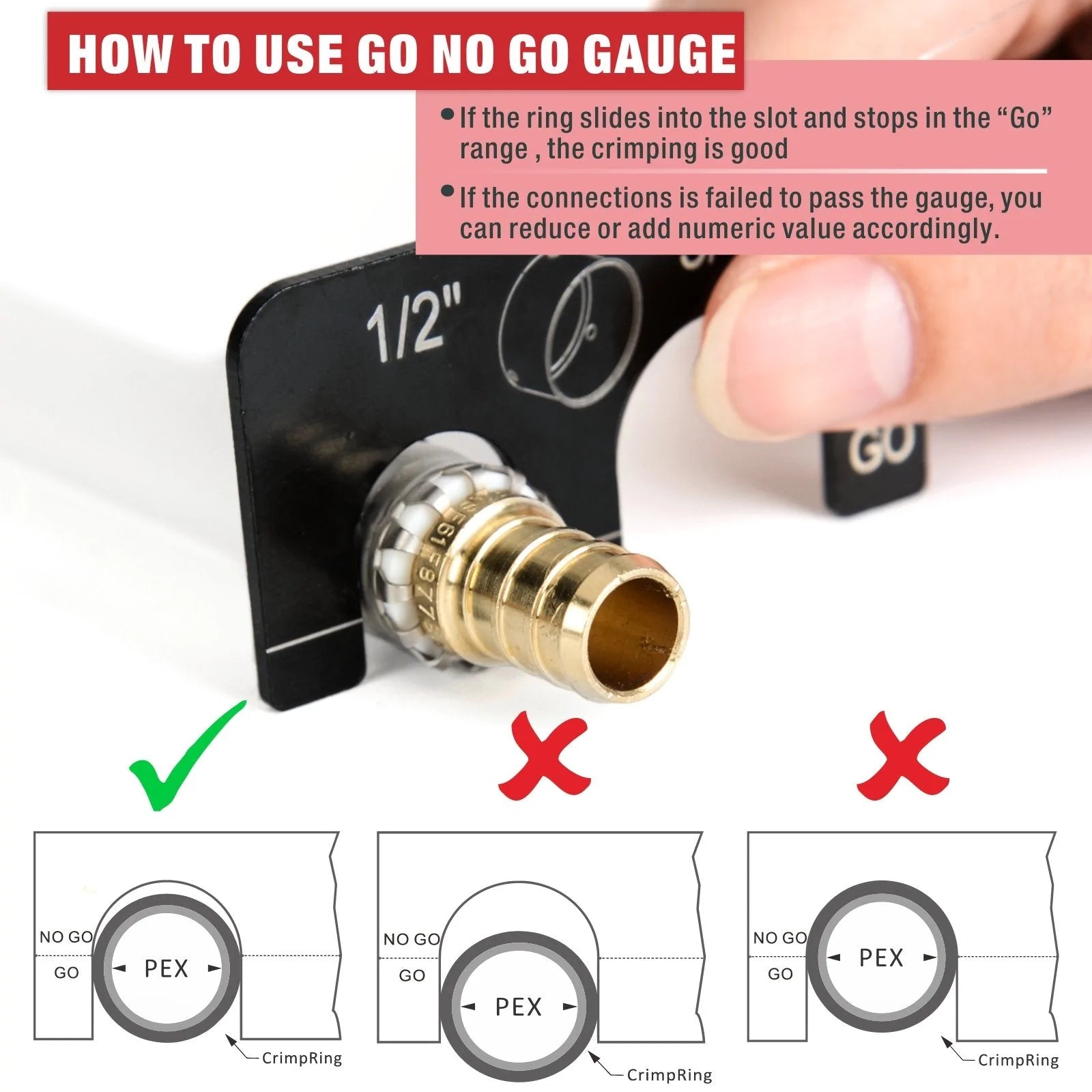 Angled Head PEX Crimping Tool for 1/2 inch F877 Stainless PEX Press Sleeves with Go/No-Go Gauge - Perfect for Plumbing Repairs and PEX Pipe Installations