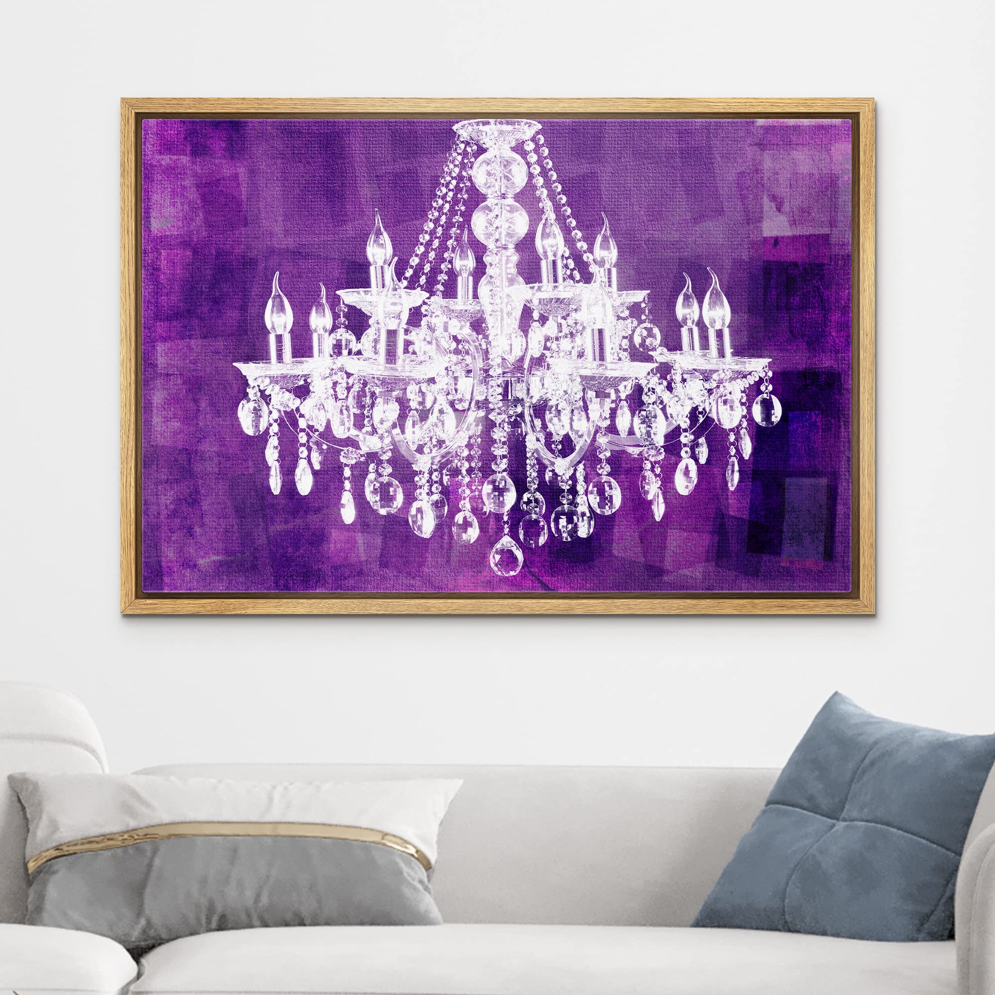 Wall26 Framed Canvas Print - White Chandelier Silhouette on Purple Background Modern Wall Art | Digital Art Decor for Living Room, Bedroom, Office | 24x36 Inches Natural Wood Frame | Perfect for Home Decor, Wedding Gift & Spa Relaxation