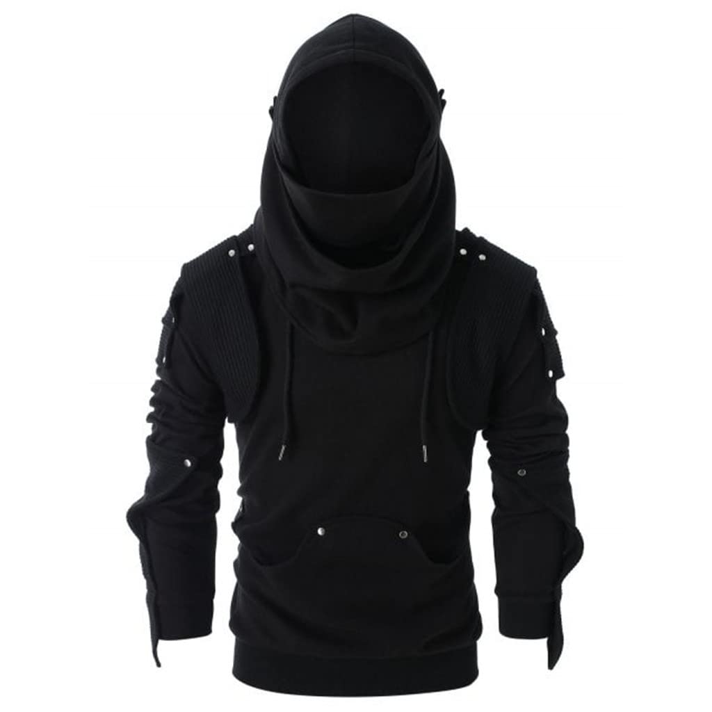 **Men's Retro Dark Masked Long Sleeve Hooded Sweatshirt - Button Decorative Drawstring Pullover Top | Vintage Streetwear for Casual & Outdoor Wear**
