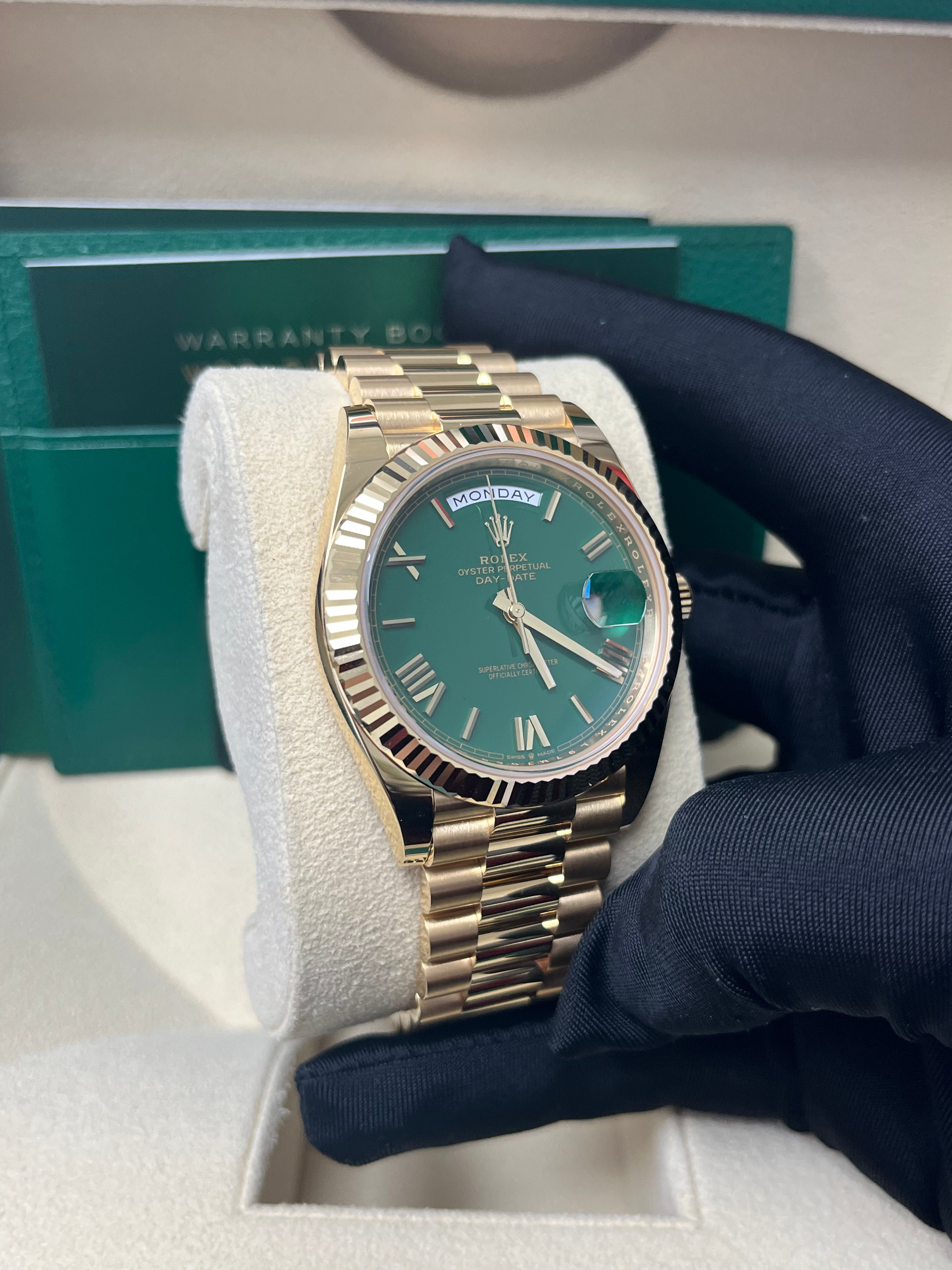 Rolex Day Date 40mm Men's Watch - 18K Yellow Gold Case, Green Roman Dial (Model 228238) | Luxury Dress Watch for Business & Formal Occasions