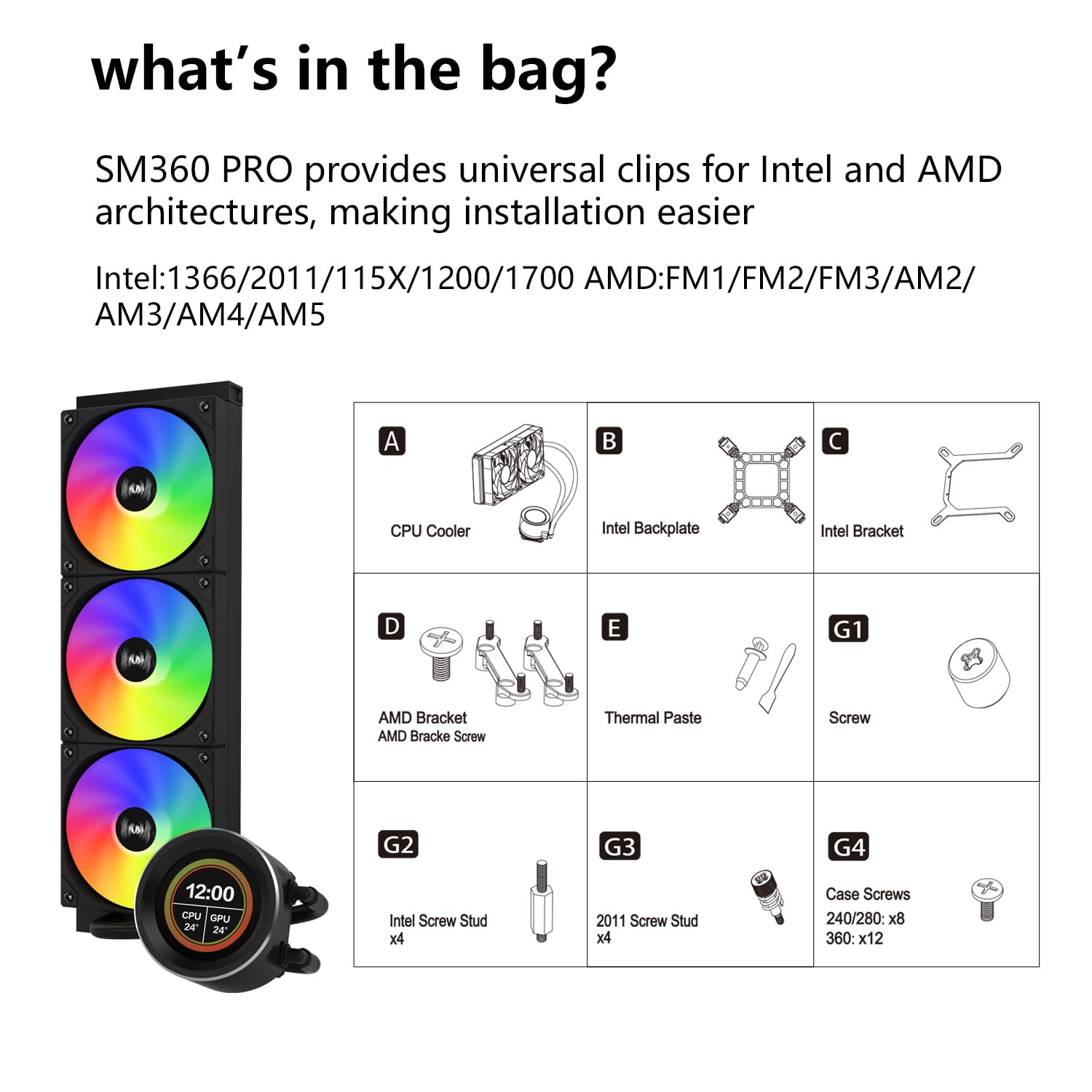 SAMA SM360 PRO Black 360mm ARGB AIO Liquid CPU Cooler with 2.8-inch LCD Temperature Display & PWM Silent Fans - High Performance Cooling for Gaming PC, Workstation, and Overclocking Systems