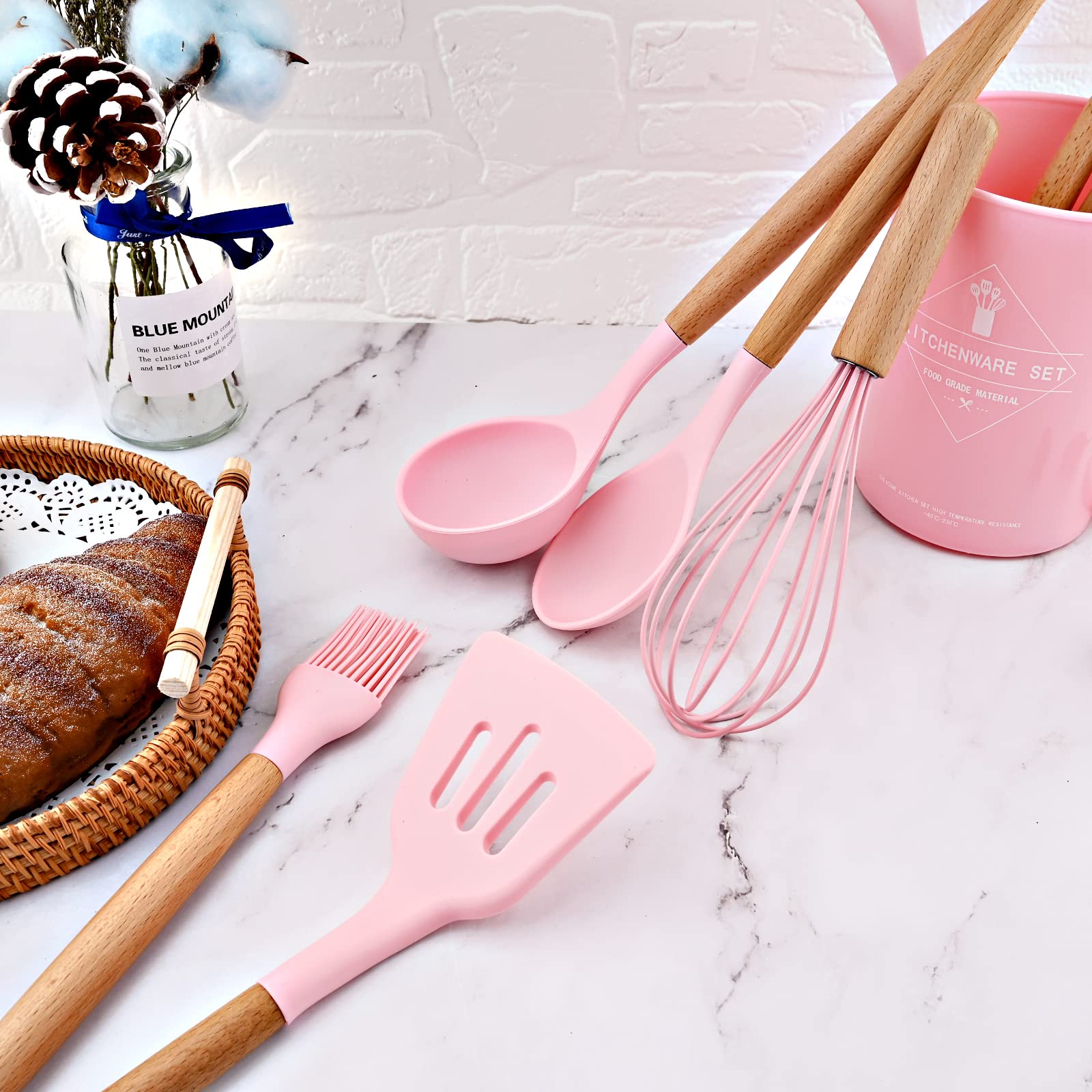 Premium 11-Piece Silicone Kitchen Utensil Set with Wooden Handle - Heat Resistant Cooking Tools, Spatula Set with Holder (Pink) - Perfect for Baking, Cooking, and Serving - Ideal Gift for Home Chefs