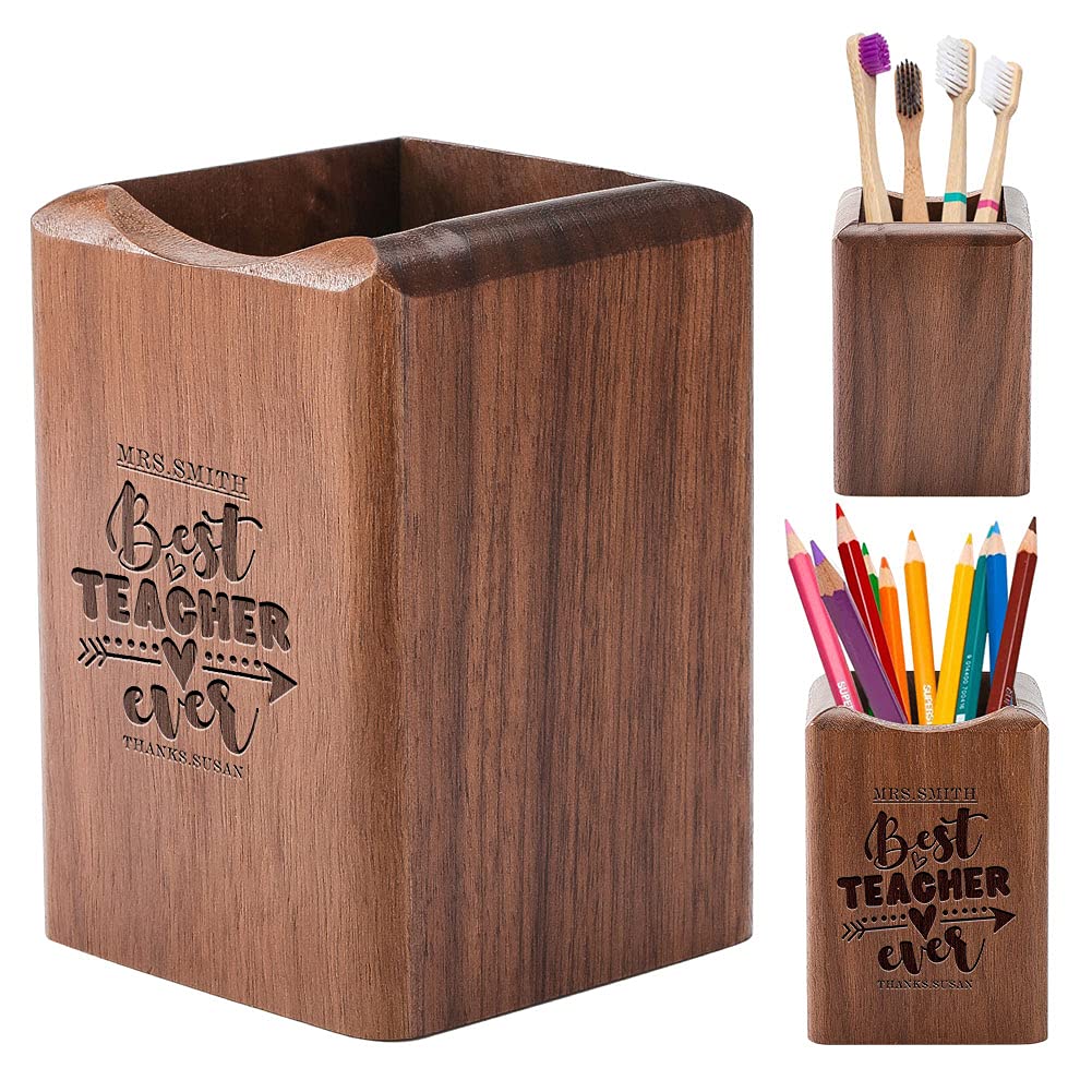 **Personalized Engraved Wooden Pen Holder for Desk - Custom Name Pencil/Pen Pot for Teacher, Student, Colleague - Office, School, Classroom Stationery Organizer & Makeup Brush Holder - Perfect Desk Gift for Work, Study & Beauty Organization**
