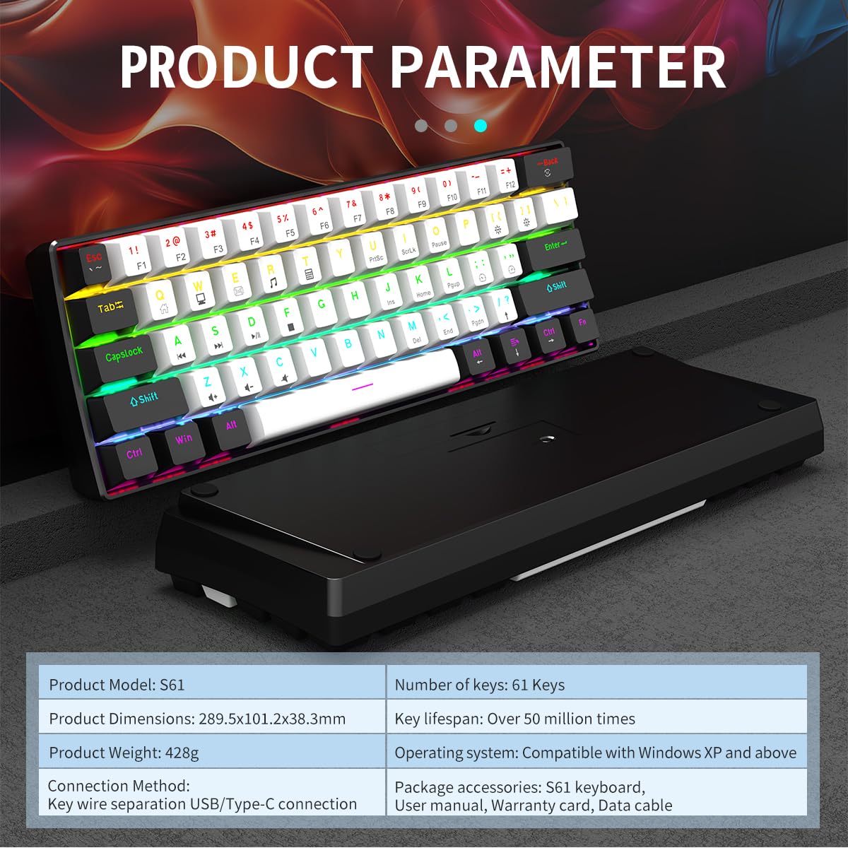 60% RGB Wired Gaming Keyboard - Compact 61-Key for PC/Mac Gamers & Typists | Travel-Friendly Design