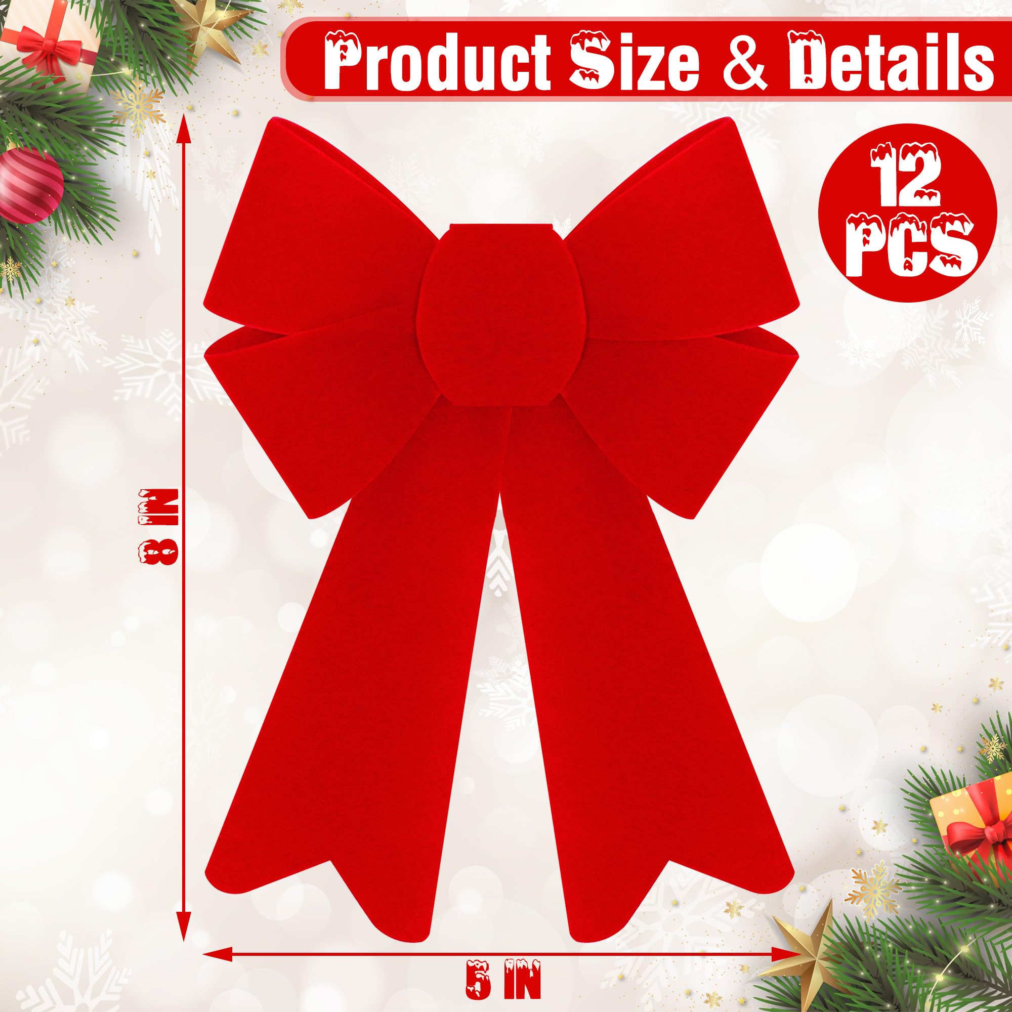 12 PCS Red Velvet Christmas Bows 5x8 Inches for Tree Decor & Wreaths