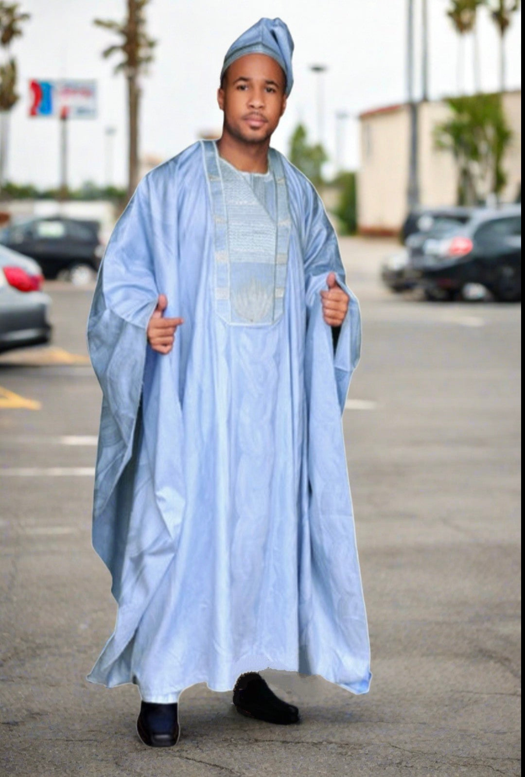 Premium 3-Piece Rankii Blue African Brocade Agbada Grand Boubou Robe Set | Traditional Nigerian Wedding Attire & Special Occasion Outfit | DPAGBB5 | Perfect for Weddings, Cultural Events & Festive Celebrations