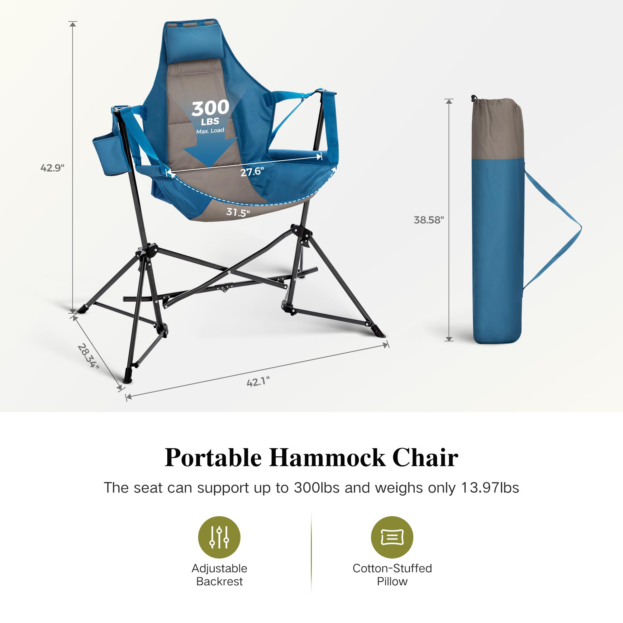 Portable Hammock Camping Chair for Adults - Adjustable Back & Swinging Design, Heavy Duty Folding Outdoor Rocking Chair with Cup Holder & High Back Support - Perfect for Backyard, Beach, Camping & Patio Relaxation (Blue)